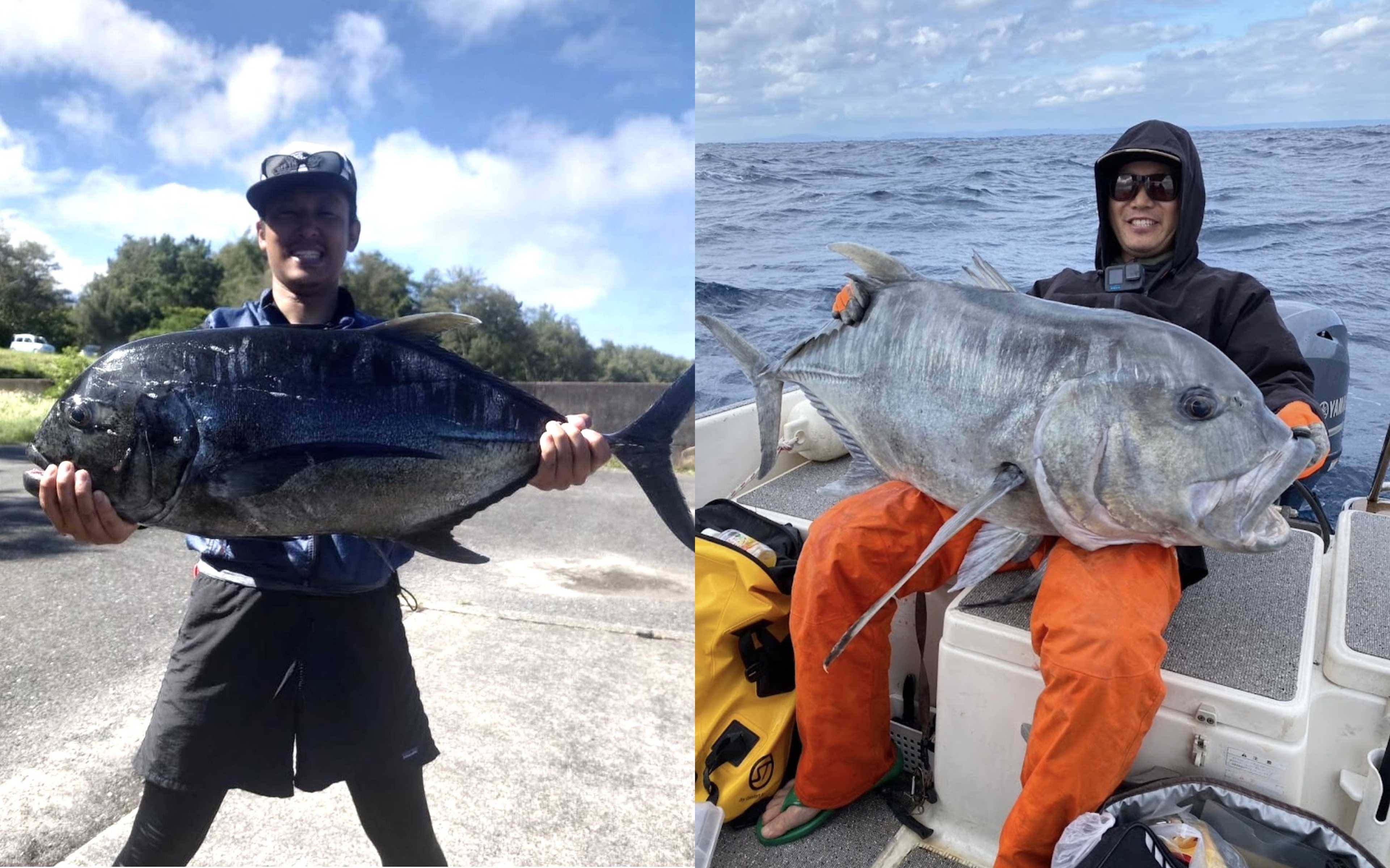 A man with a large dark fish on the harbour wall, and a man with a big silver fish across his lap