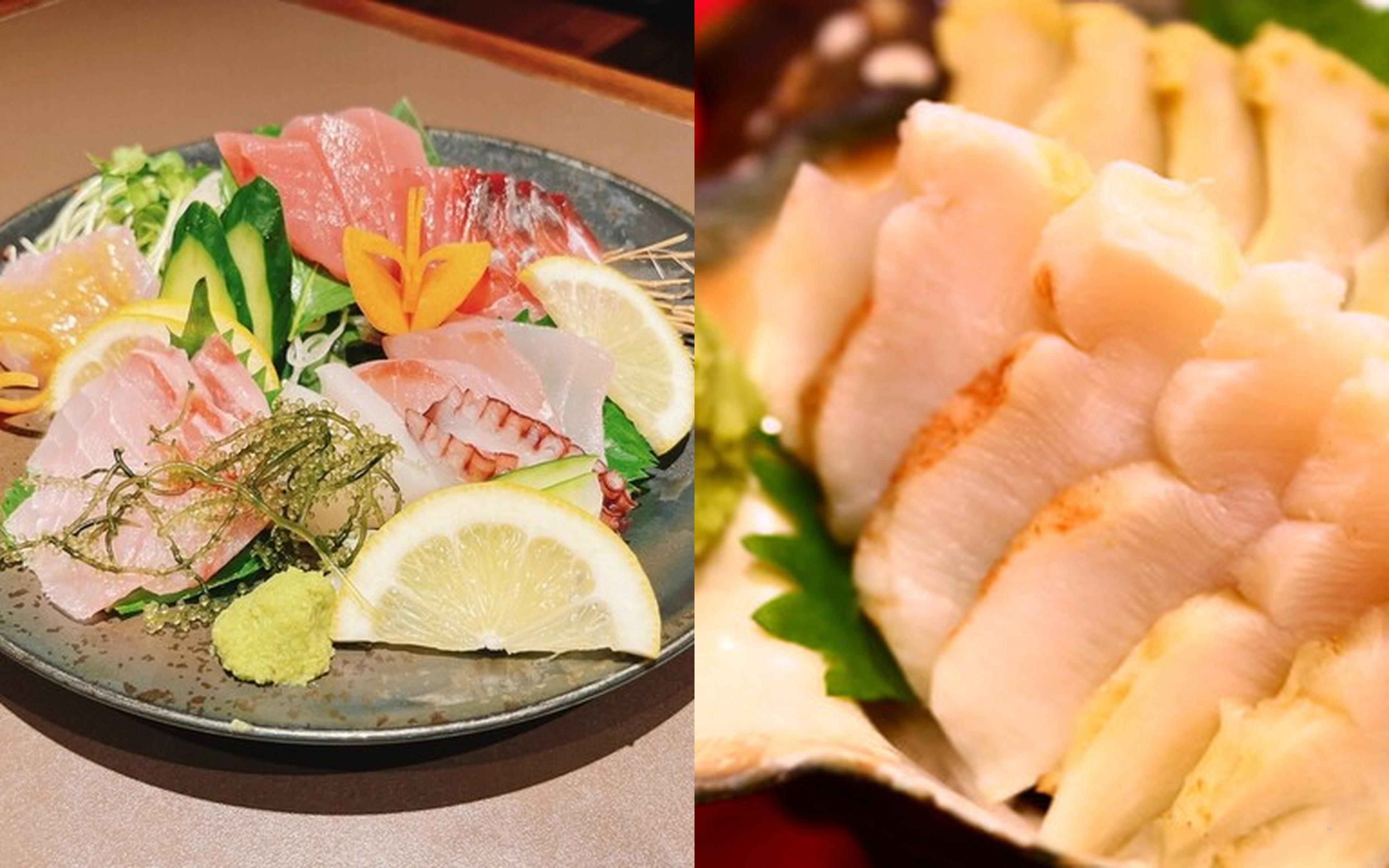 A sashimi platter, and shellfish sashimi