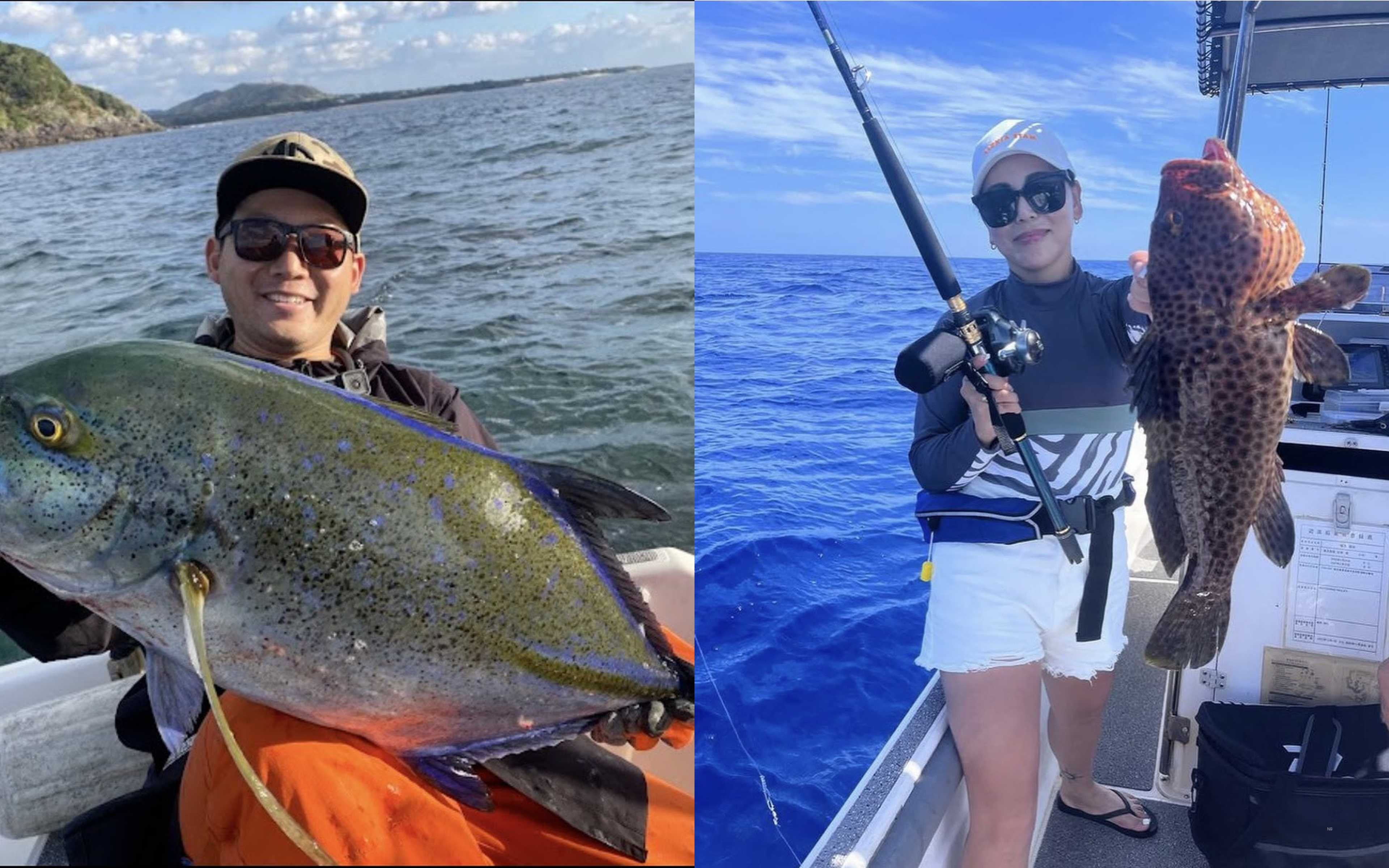 A man holding a speckled fish, and a woman with a spotted grouper