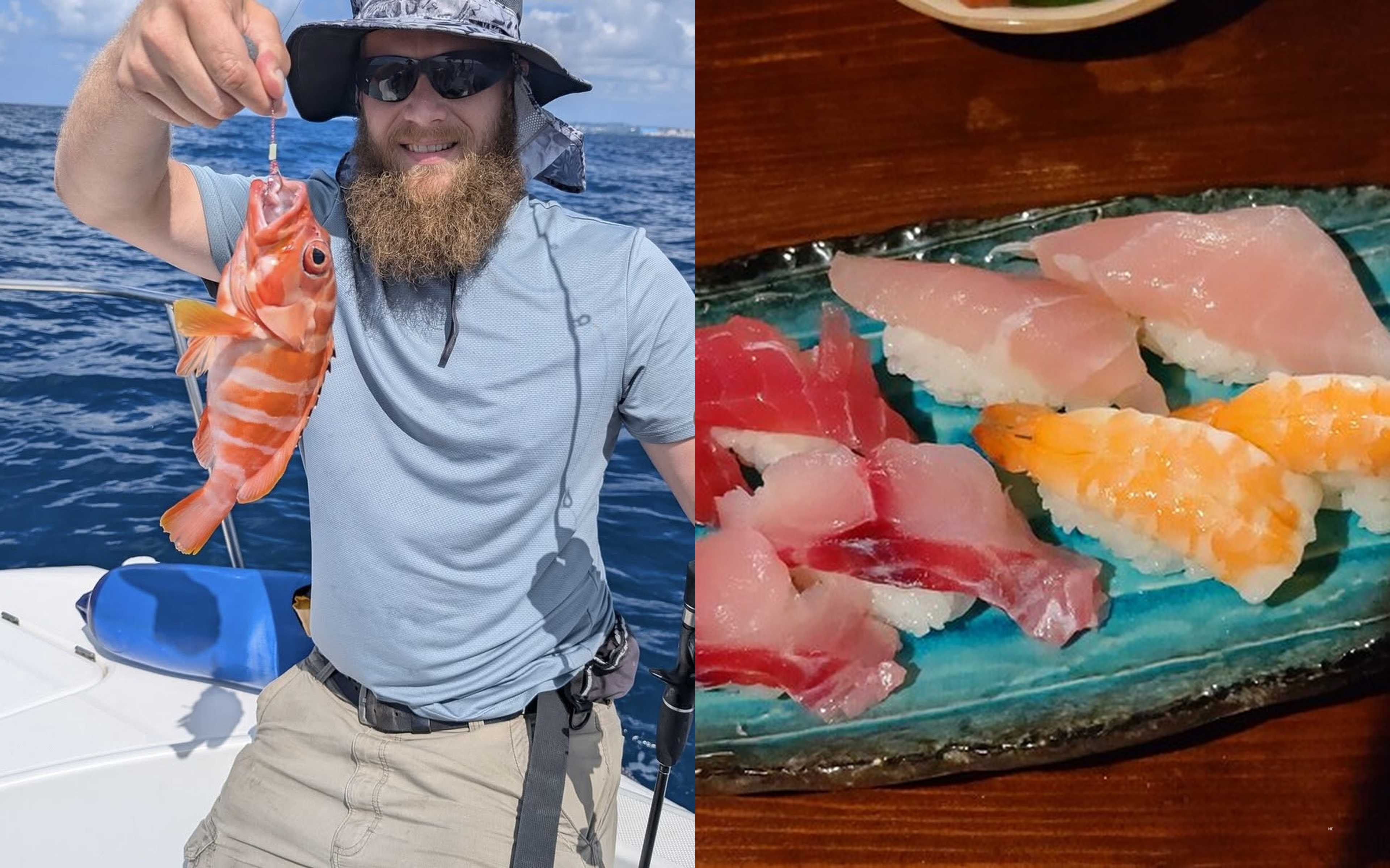 A bearded man holding an orange-red striped fish, and fish nigiri sushi