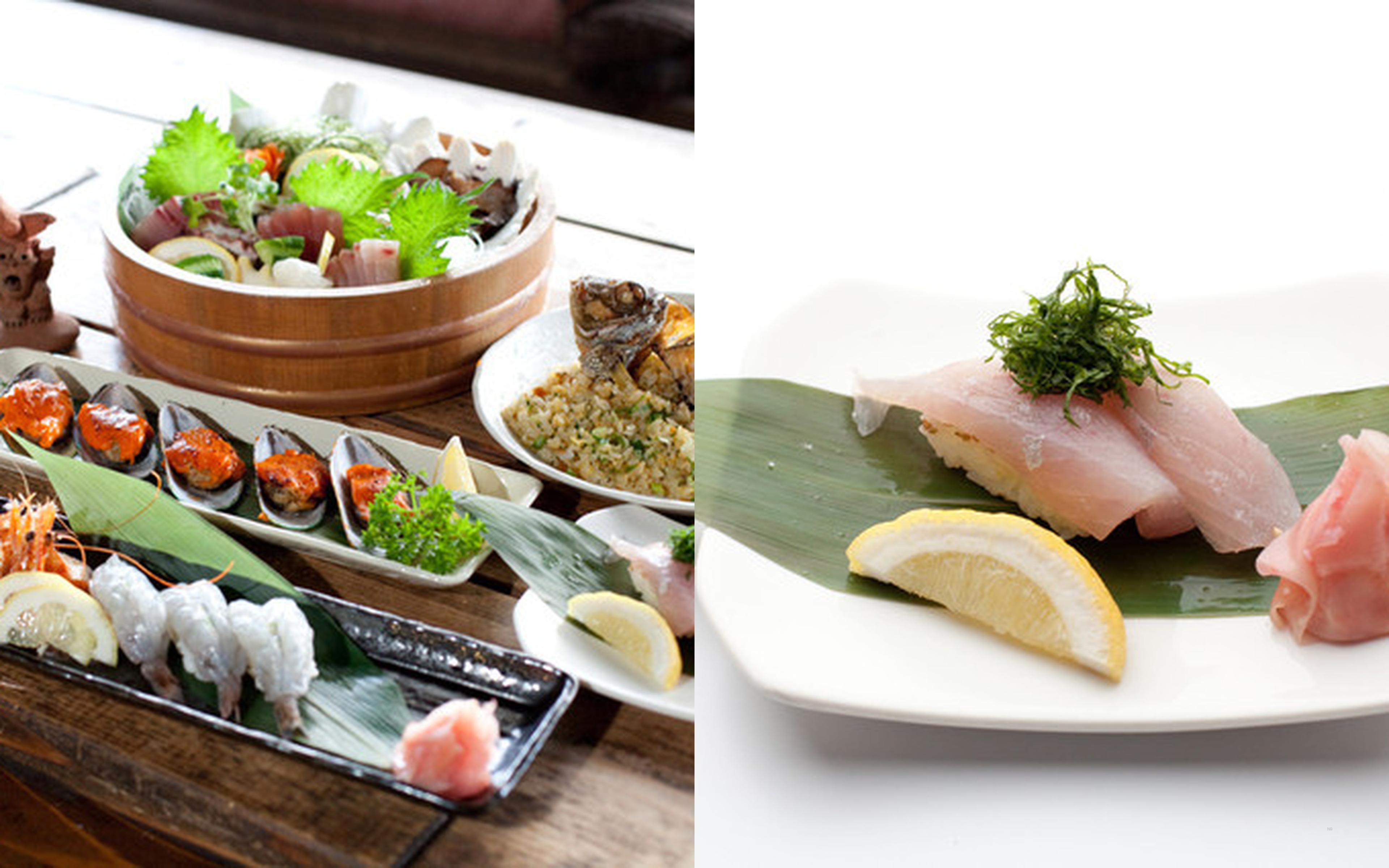 A sashimi tub with shellfish and prawn dishes, and white-fish nigiri
