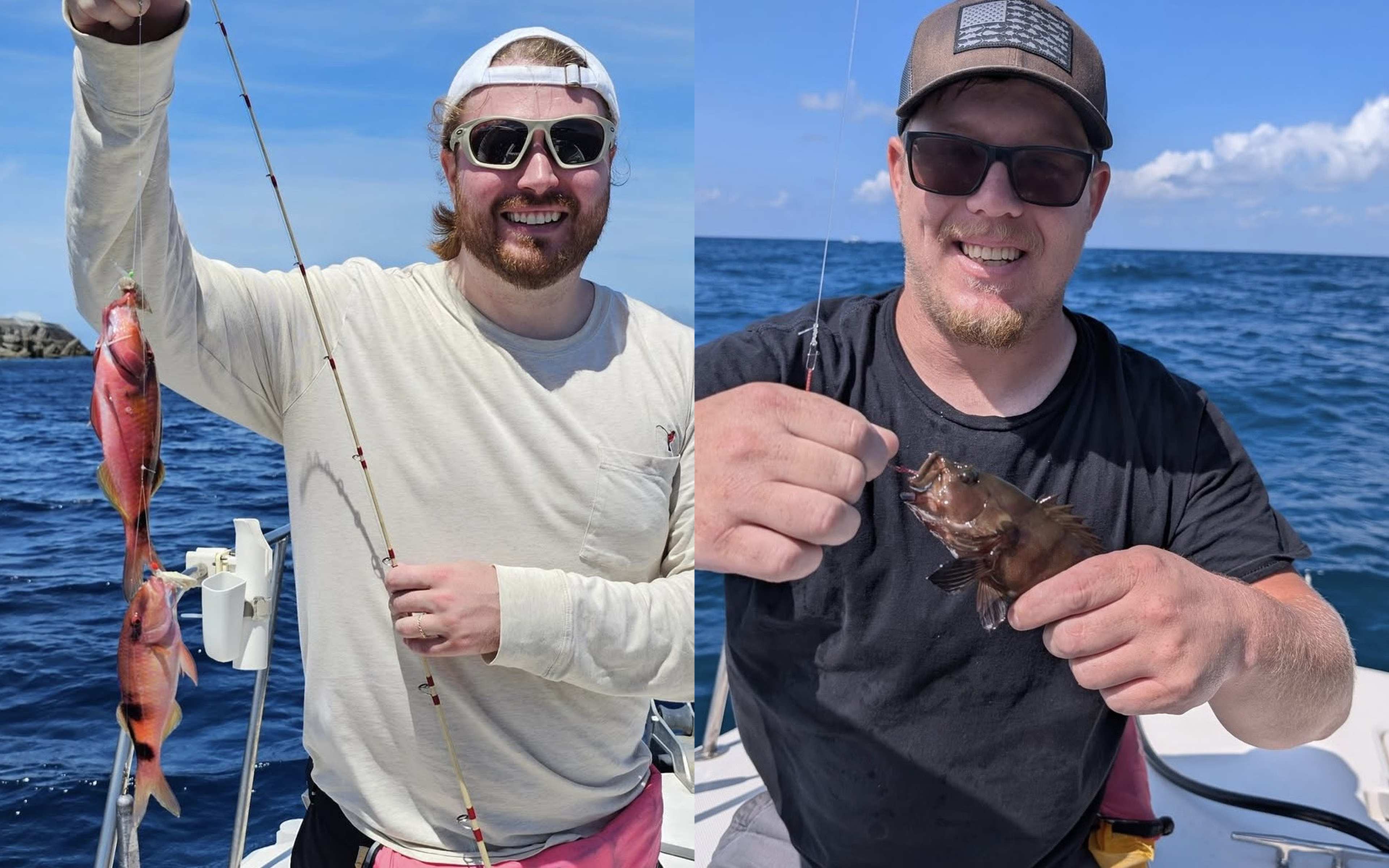 A man with two red fish on one line, and a man holding a brownish grouper