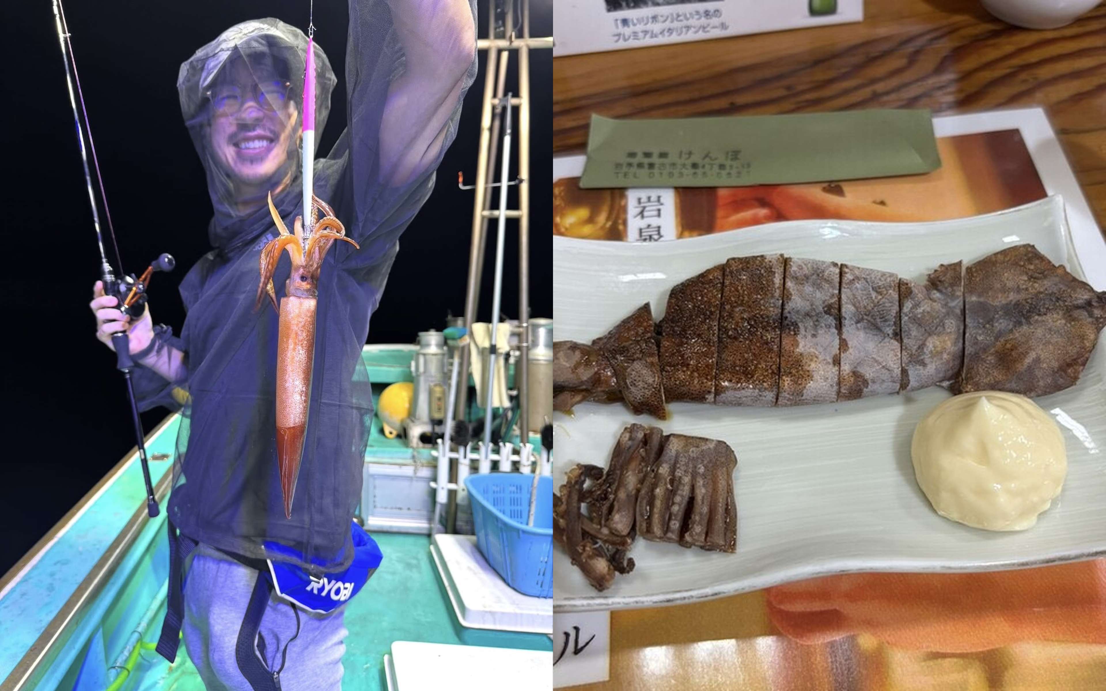 Someone on a boat at night raising a reddish-brown squid on a rod, and grilled squid with mayonnaise