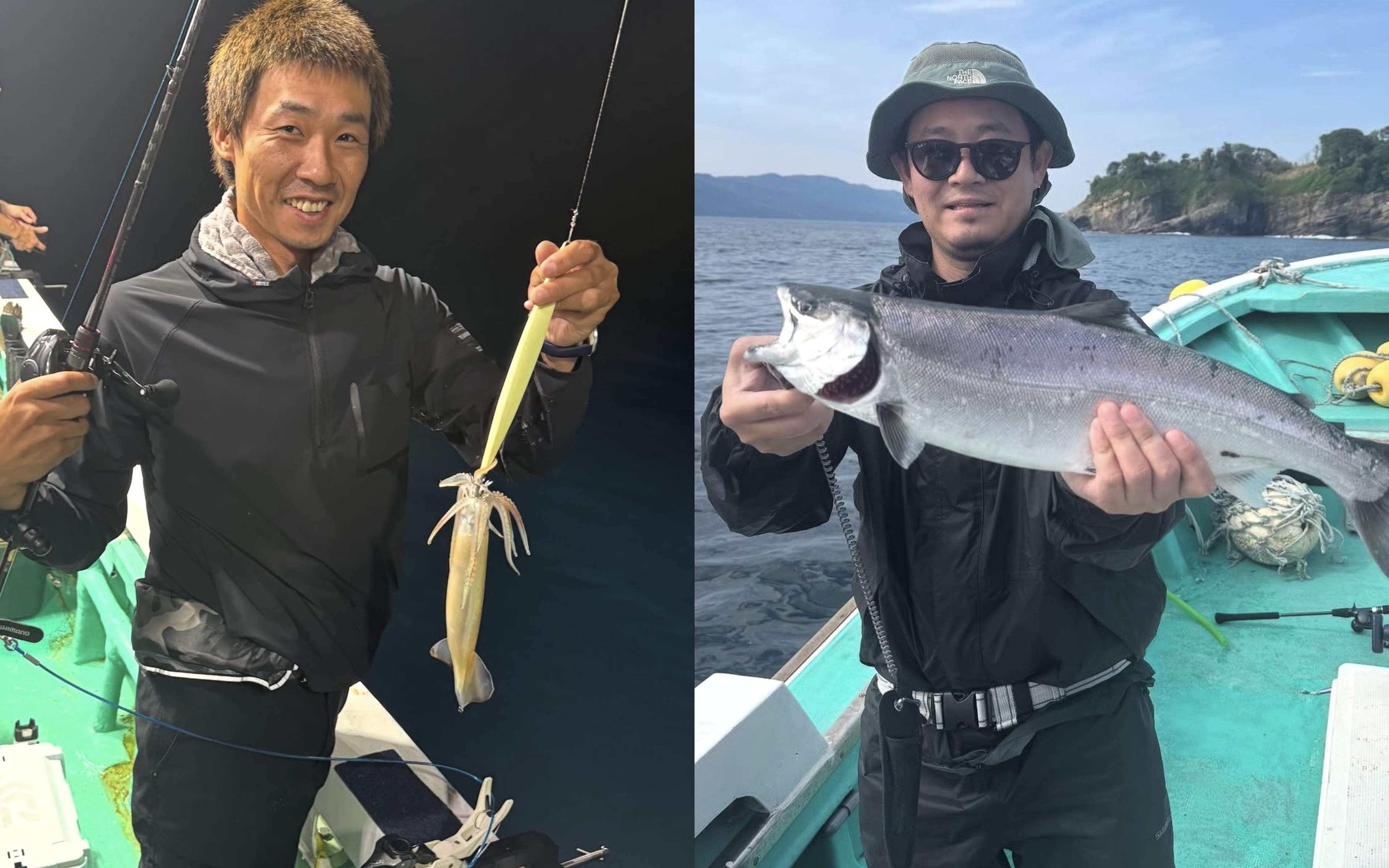 A man holding up a pale, slender squid, and a man with a big silver fish in front of a rocky islet