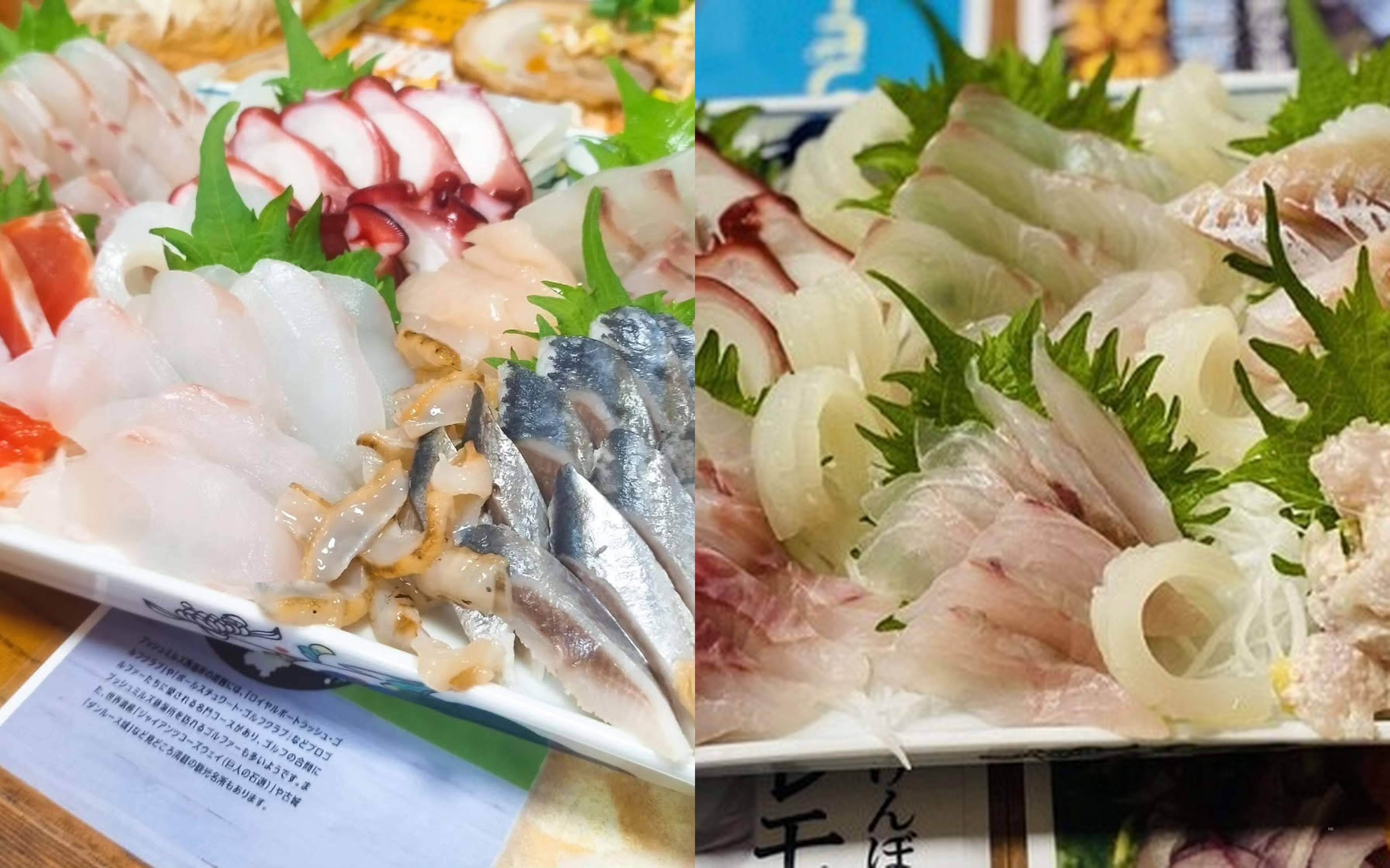 A sashimi platter of octopus, white fish and silver-skinned fish, and a platter of squid, octopus and white fish