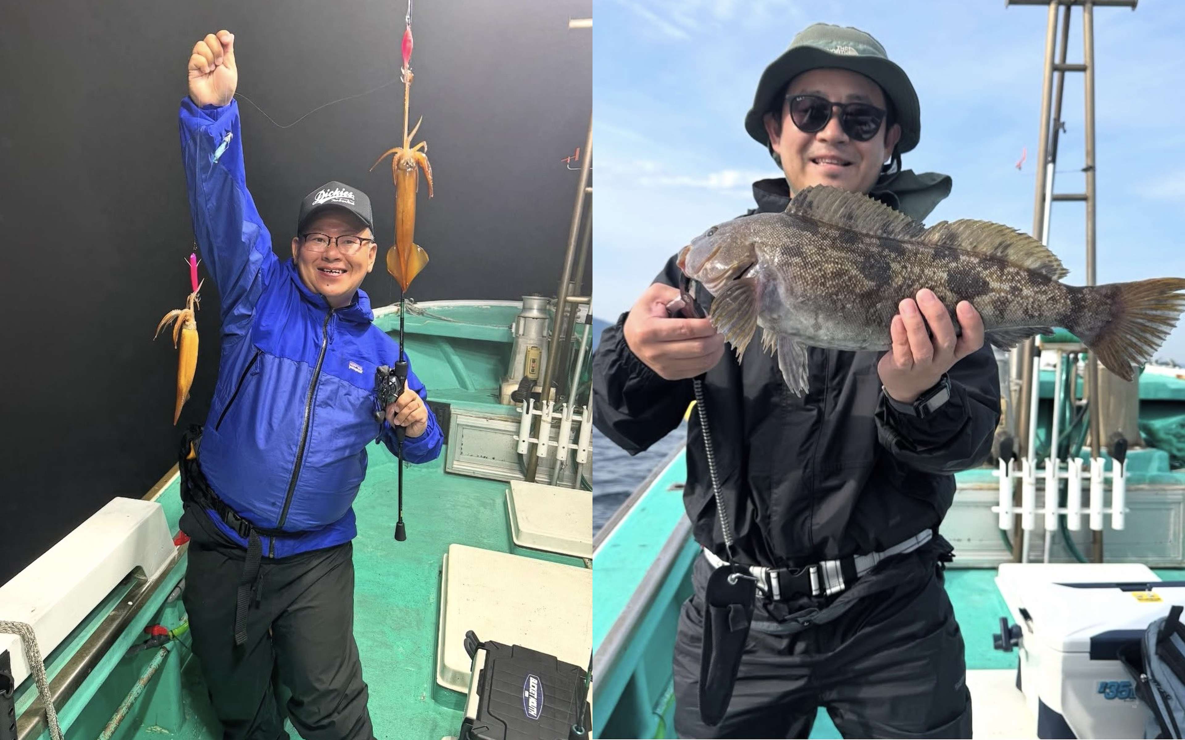 A man punching the air with a squid rig, a man holding a large mottled fish, and an angler holding a mottled fish upright