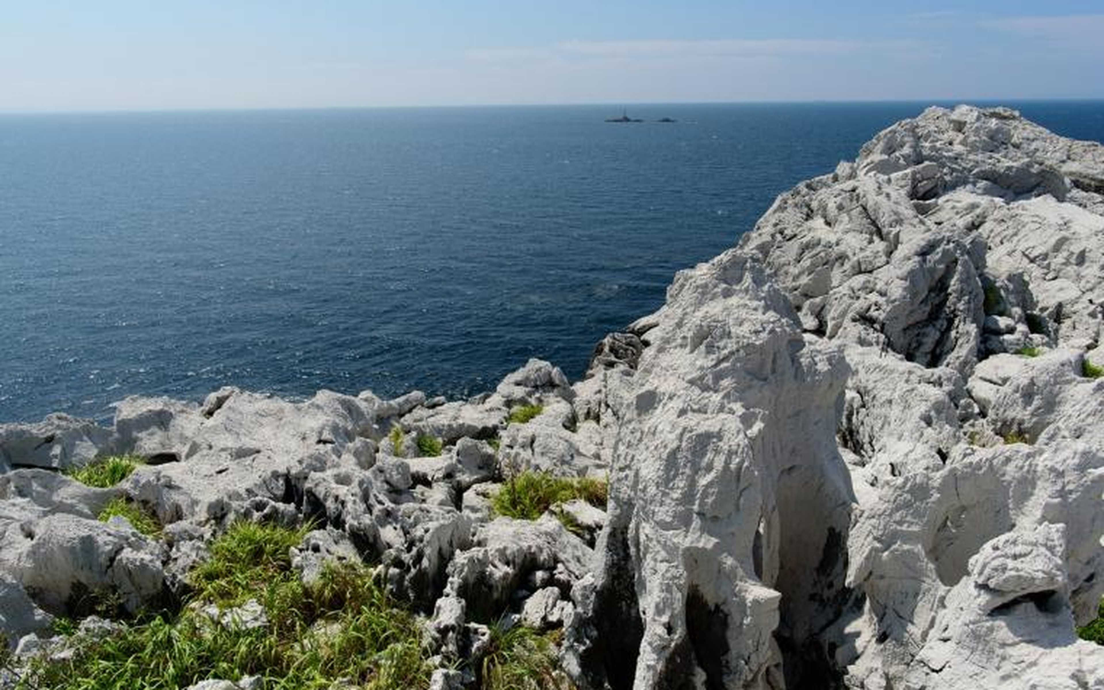 White limestone reefs along the Wakayama coast, looking out over the open sea