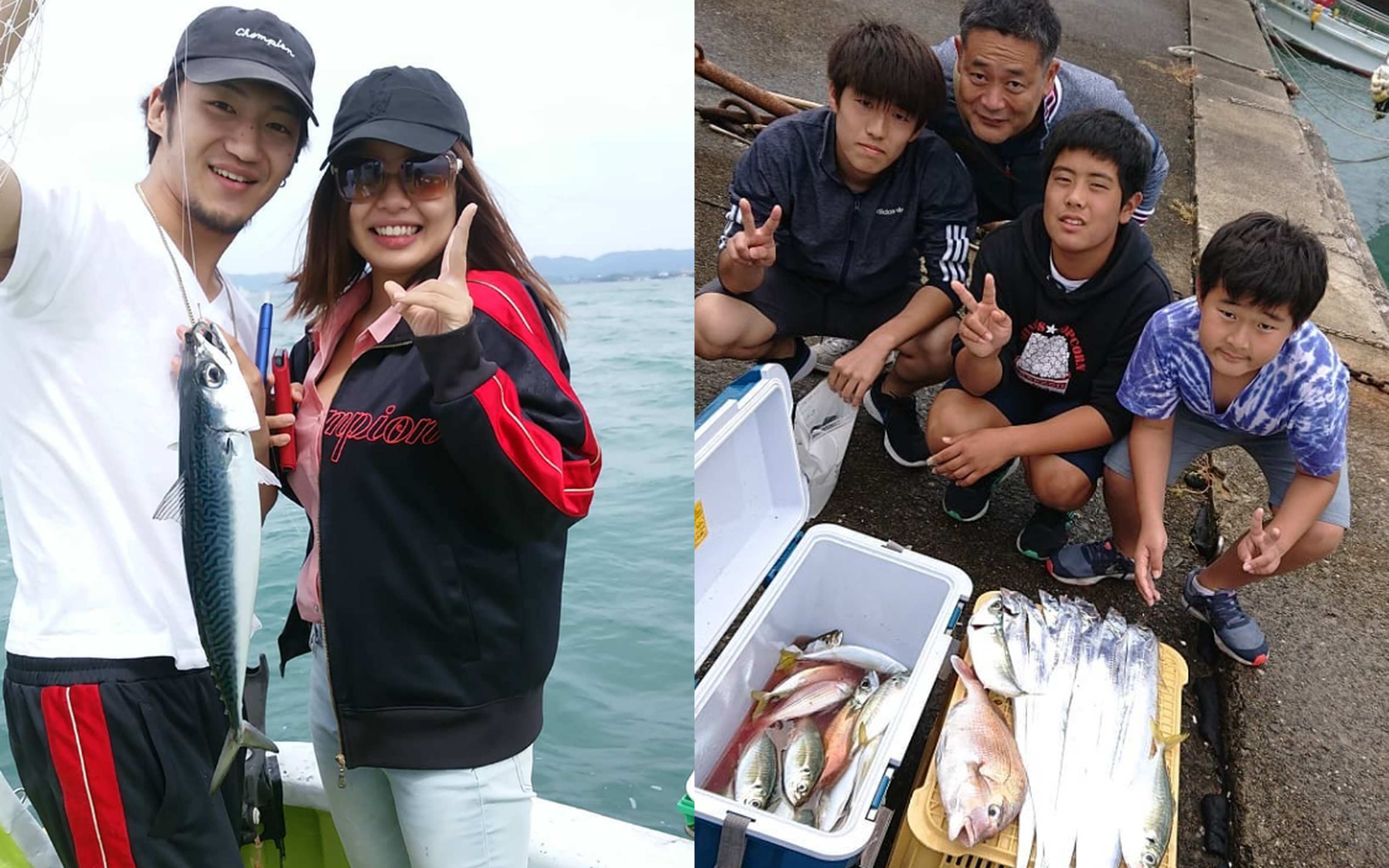 Anglers with a mackerel aboard, and a family with the day's catch laid out at the harbour