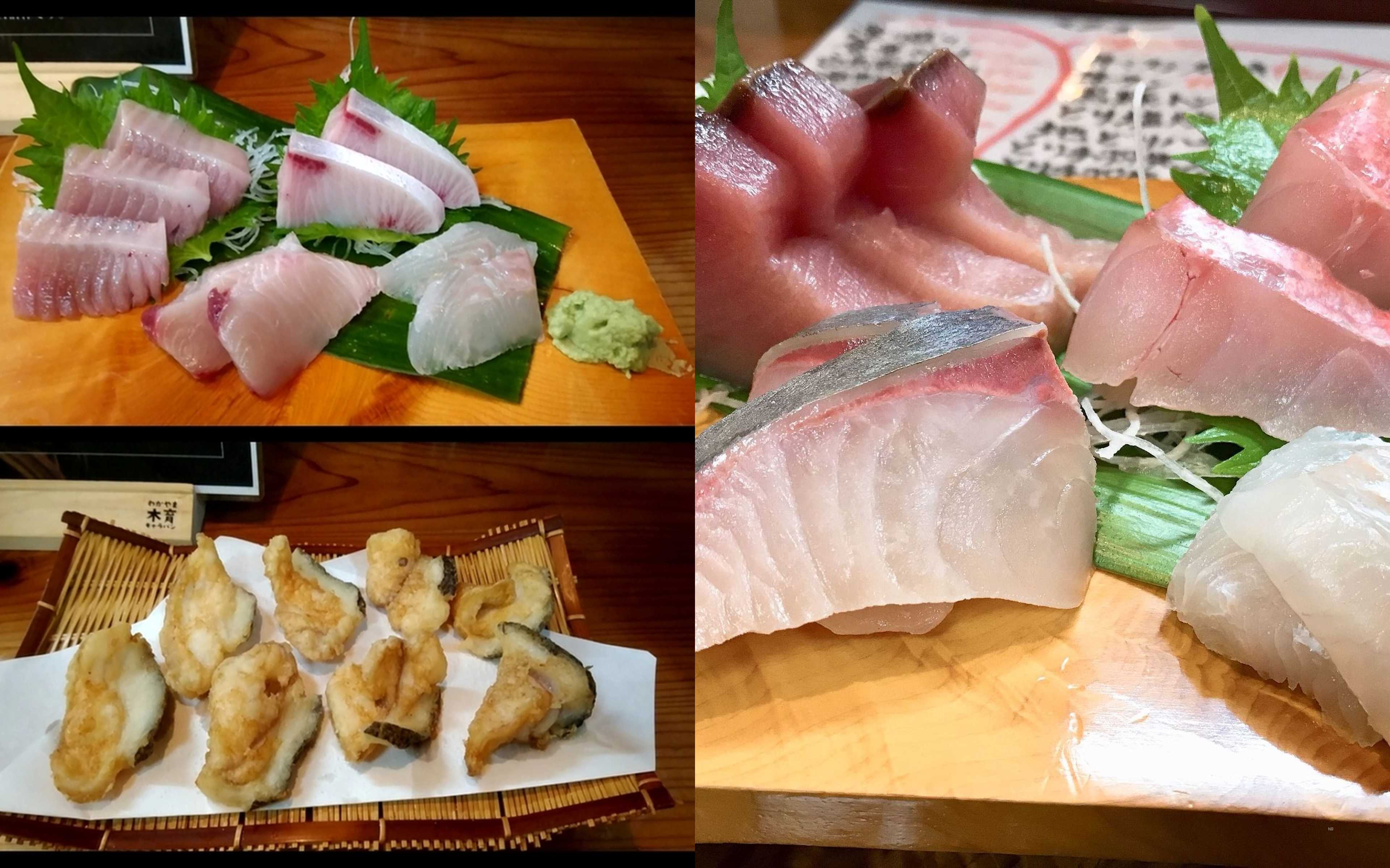 Sashimi cut from the day's catch, served alongside a plate of deep-fried fish