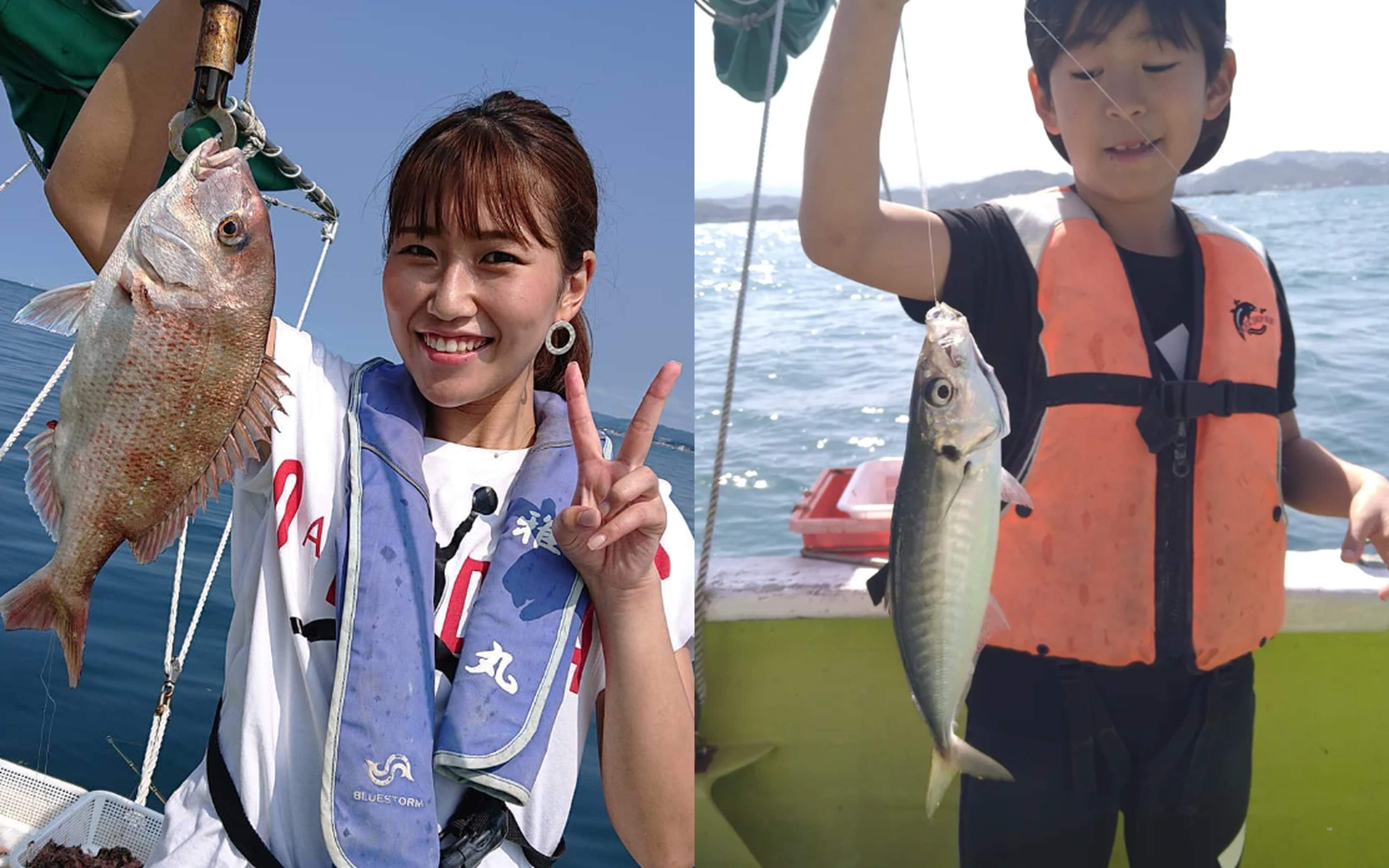 A red seabream landed aboard, and a young angler in a life jacket holding his first horse mackerel