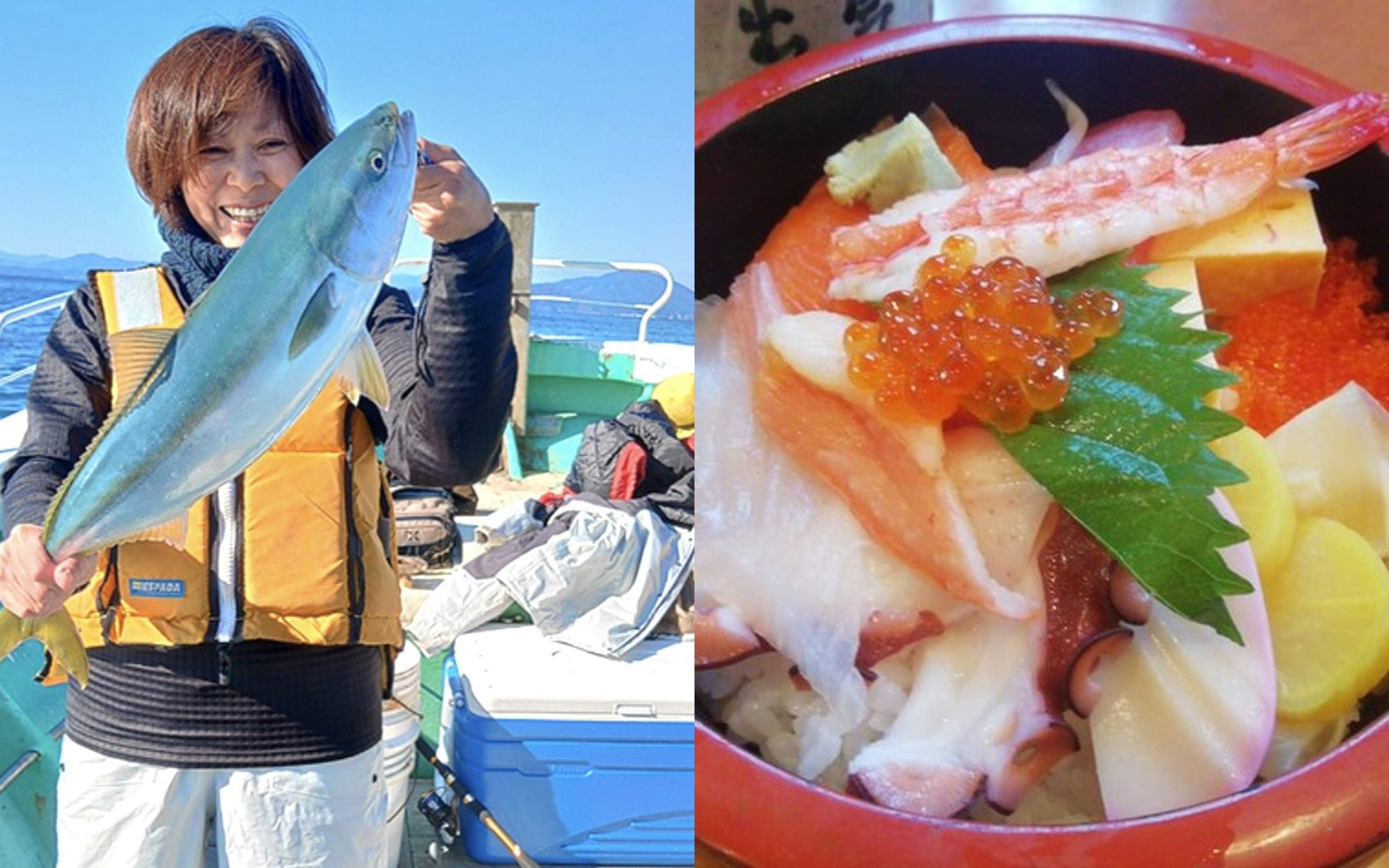 An angler holding up a yellowtail on deck, next to a seafood rice bowl topped with sea urchin, salmon roe and prawn