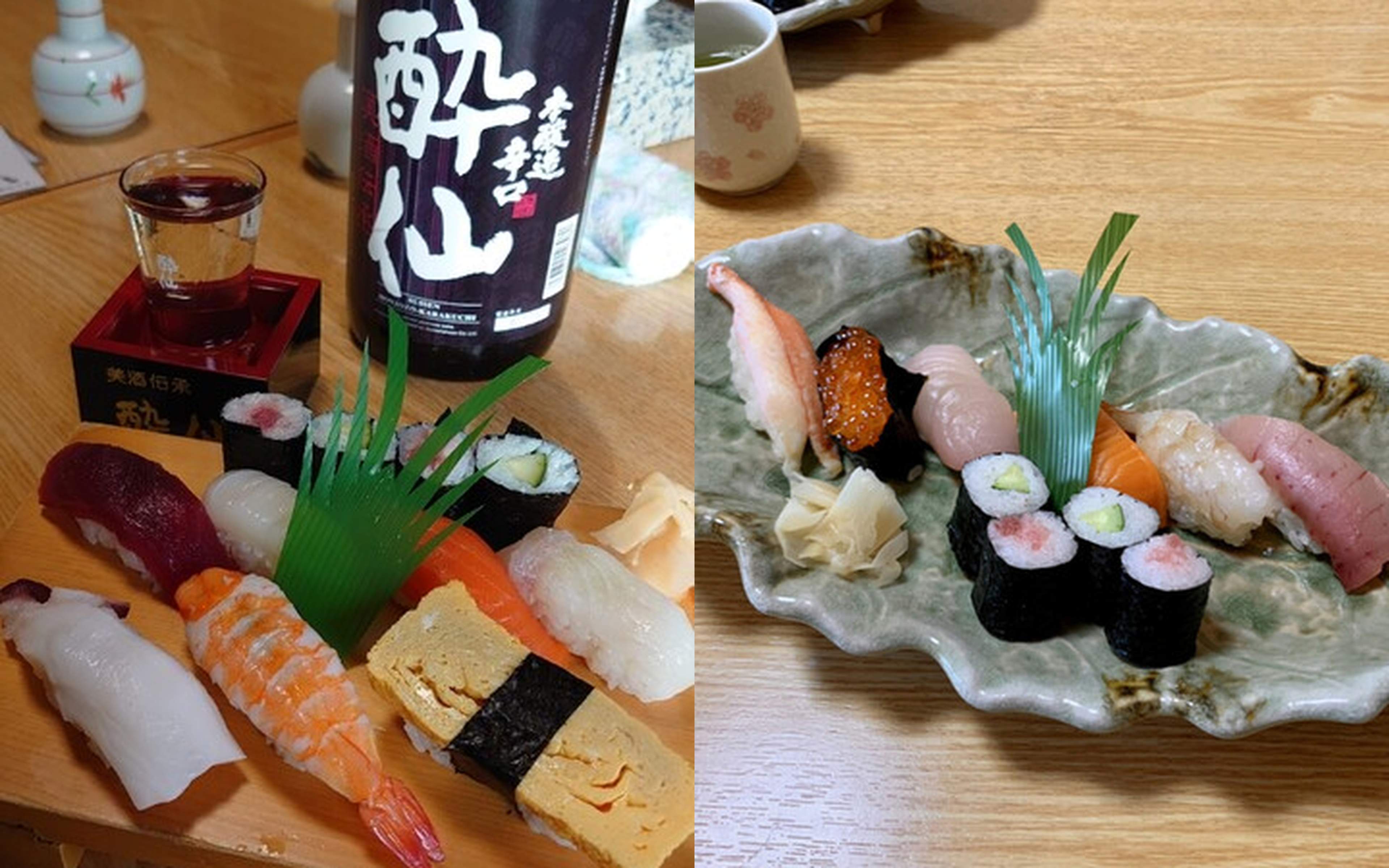 Local Rikuzentakata sake with a plate of nigiri, next to an assortment of sushi on a large dish