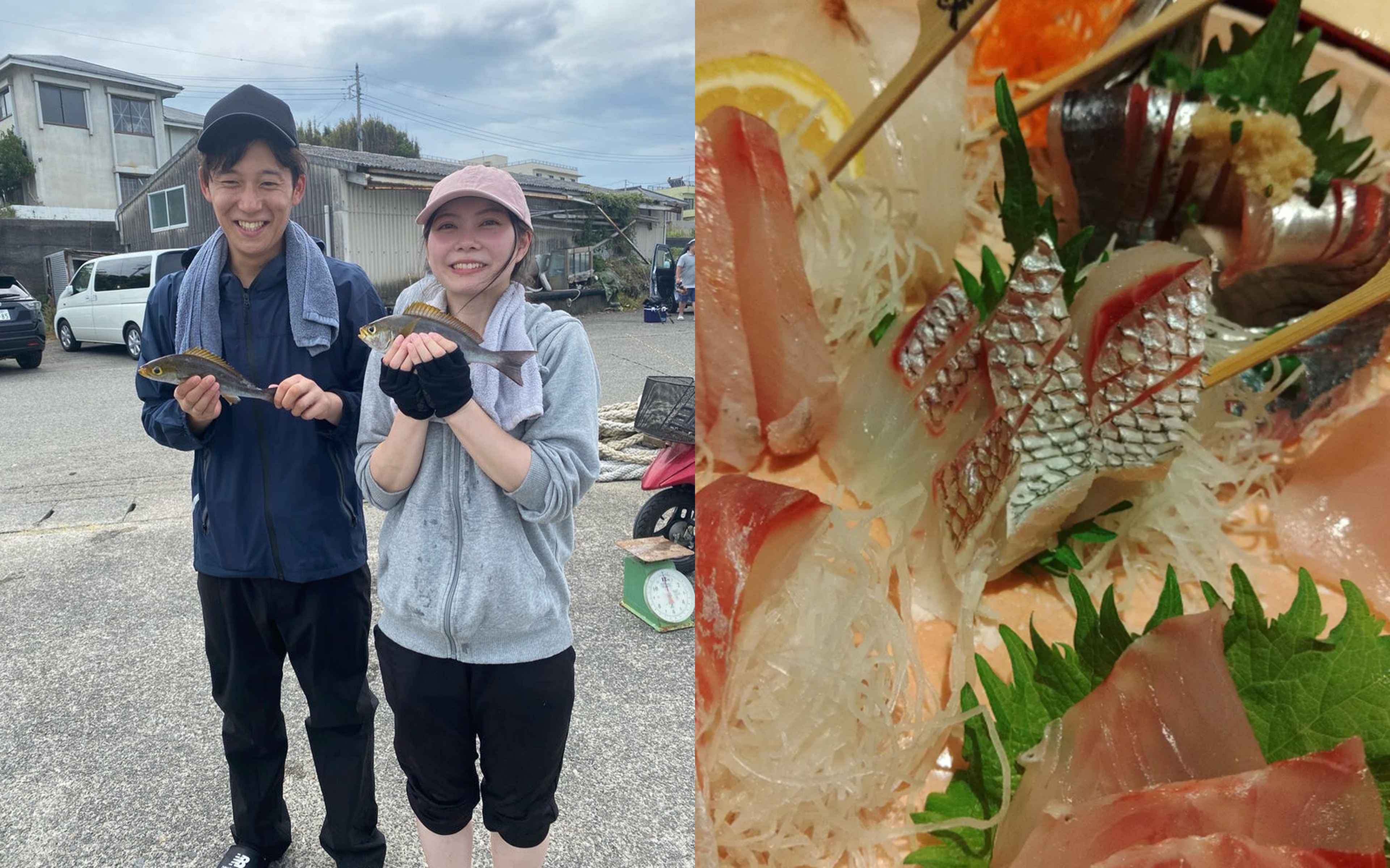 Two travelers holding up their catch on land near the port, next to a plate of fresh sashimi with white fish, red fish, whitebait, shredded daikon, and lemon