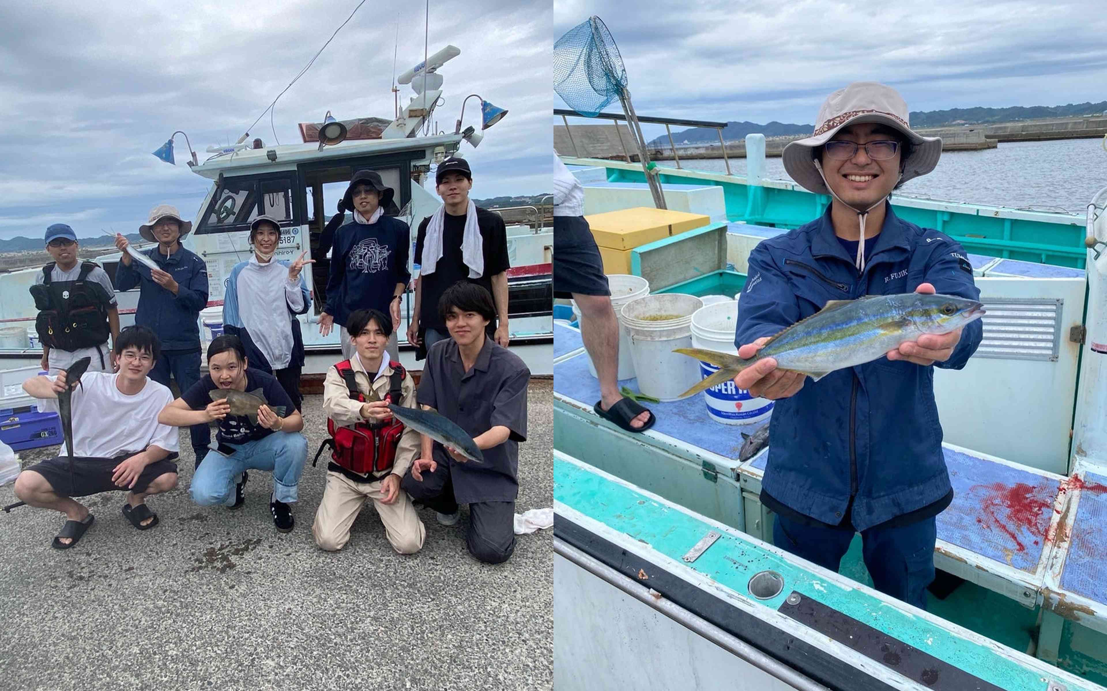 A group of about eight men and women posing together on the deck of a fishing boat holding their catch, next to a man on the boat lifting a fish with both hands
