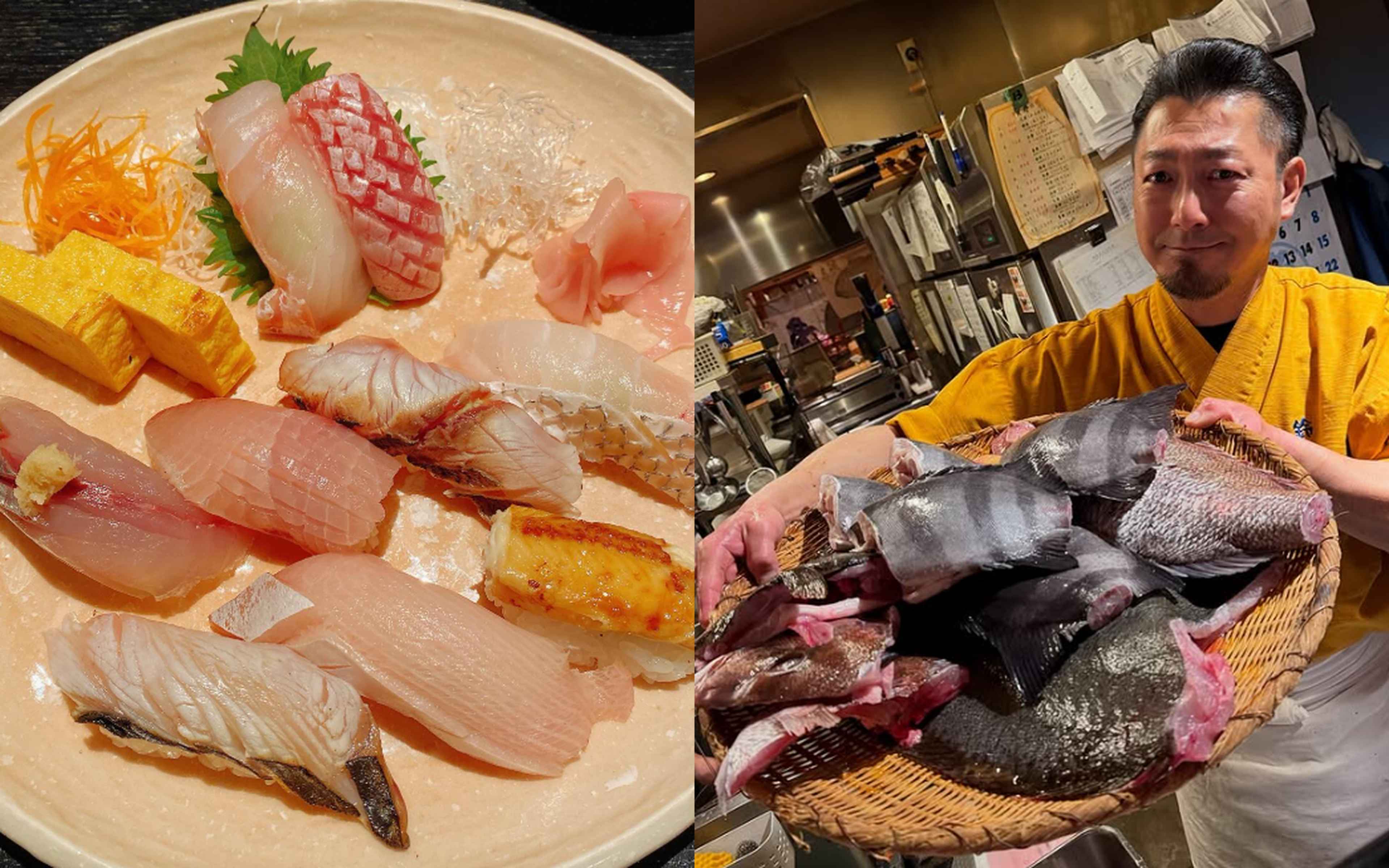 An assortment of sushi on a plate, next to a chef in traditional dress lifting a bamboo tray of fish inside the kitchen