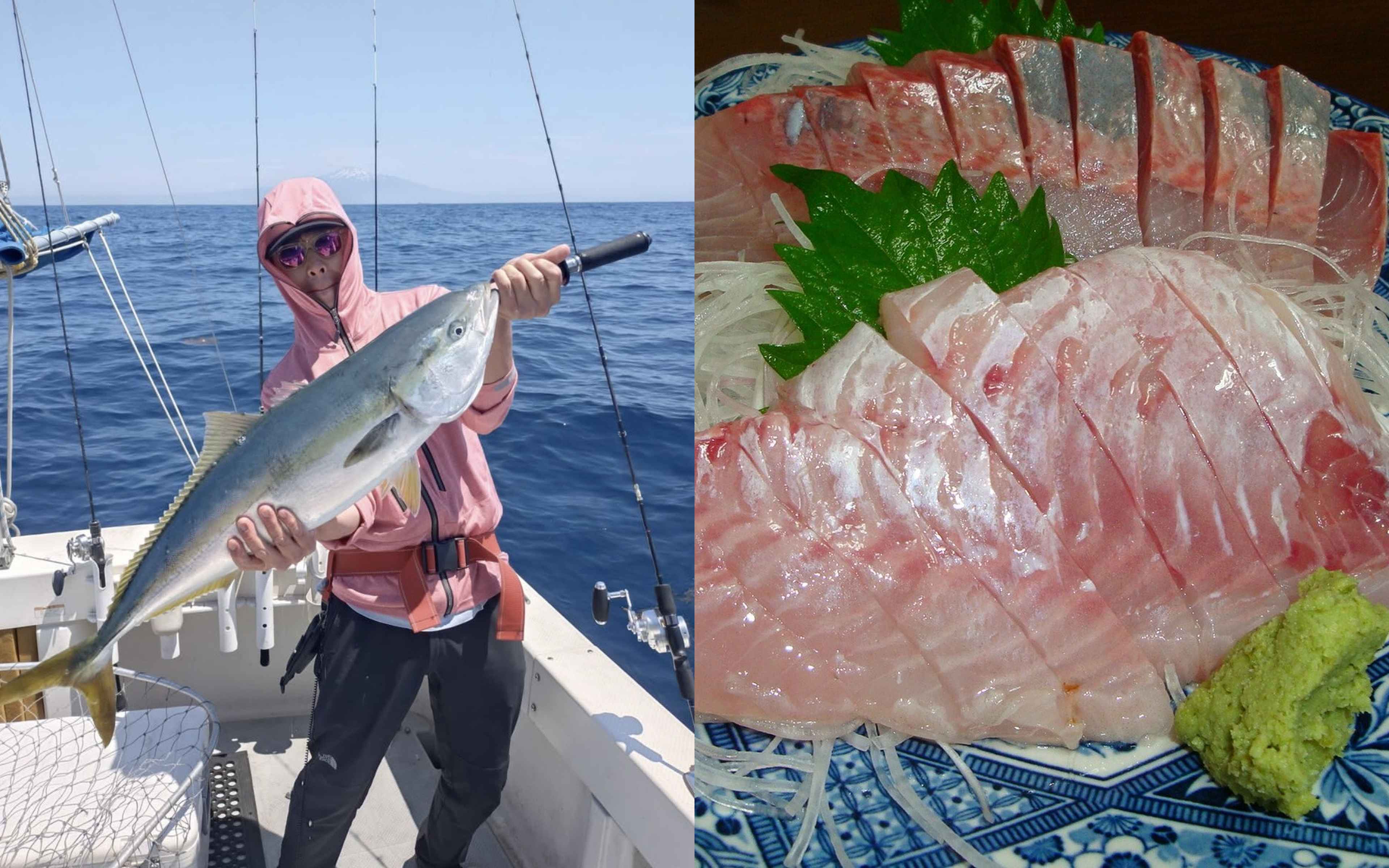 An angler holding up a silver amberjack on deck, next to a plate of sashimi made from the local Shonai catch