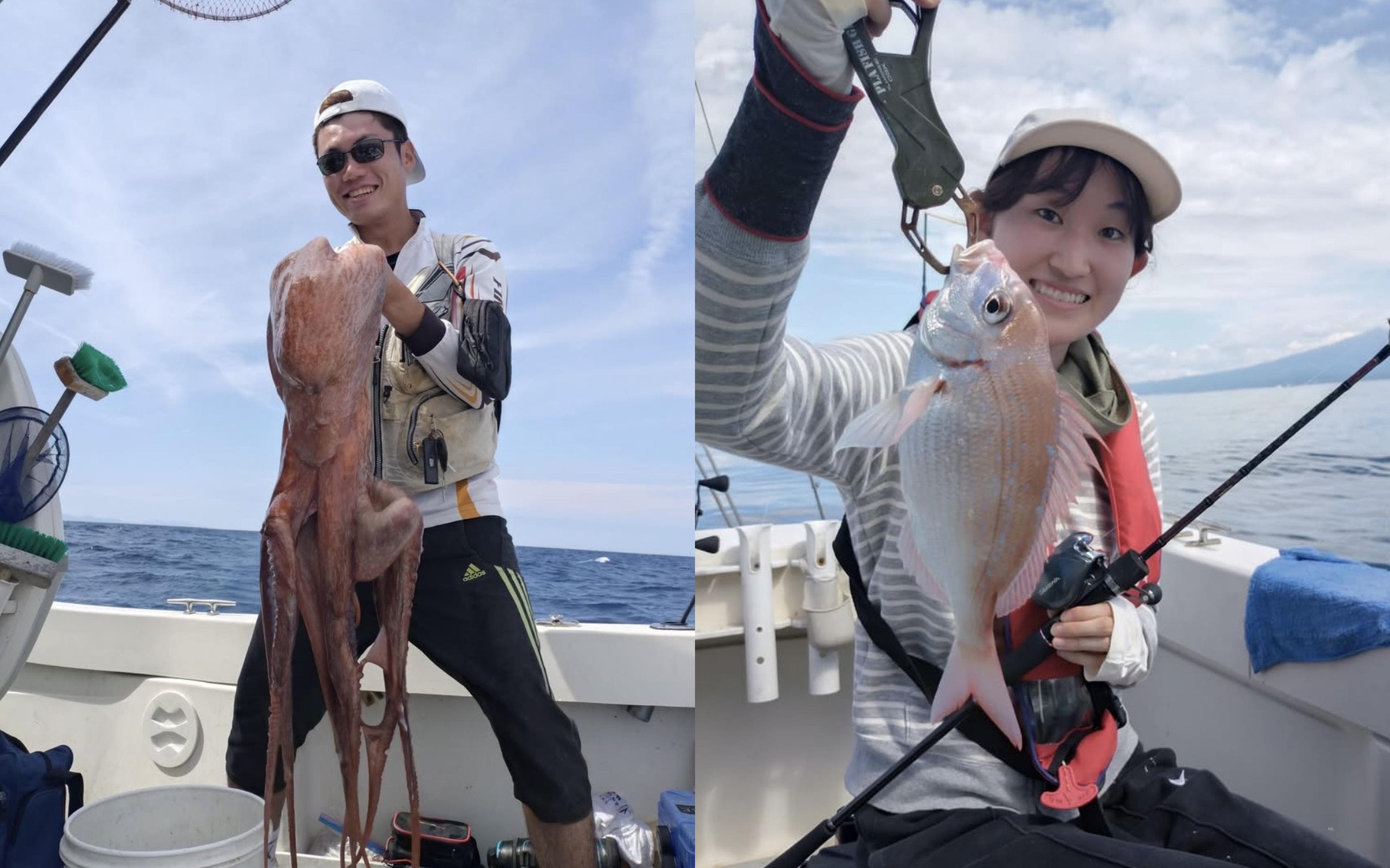 An angler bending a heavily loaded rod against a fighting fish, next to a fellow passenger bracing at the gunwale