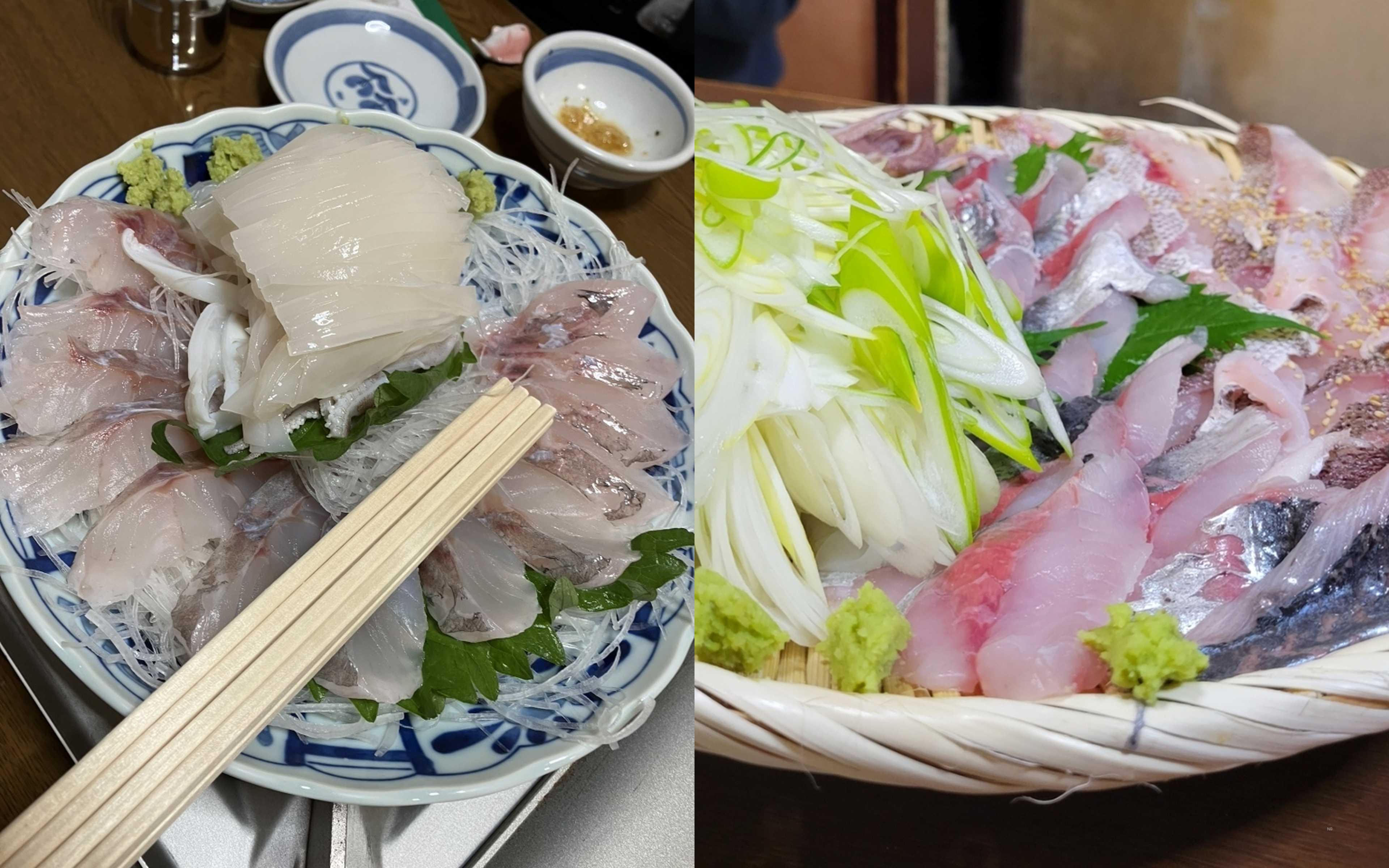 Sashimi being cooked shabu-shabu style in a small iron pot, next to a plate of local Shonai fish