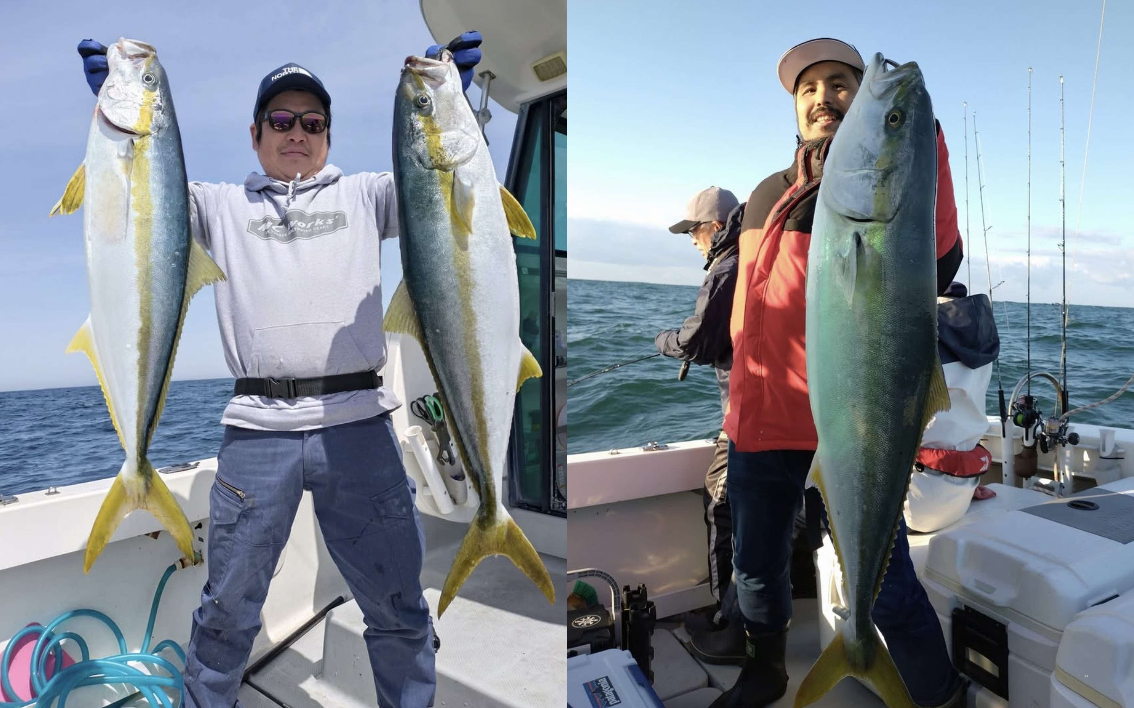 A silver yellowtail and a red-scaled red seabream laid side by side on the deck