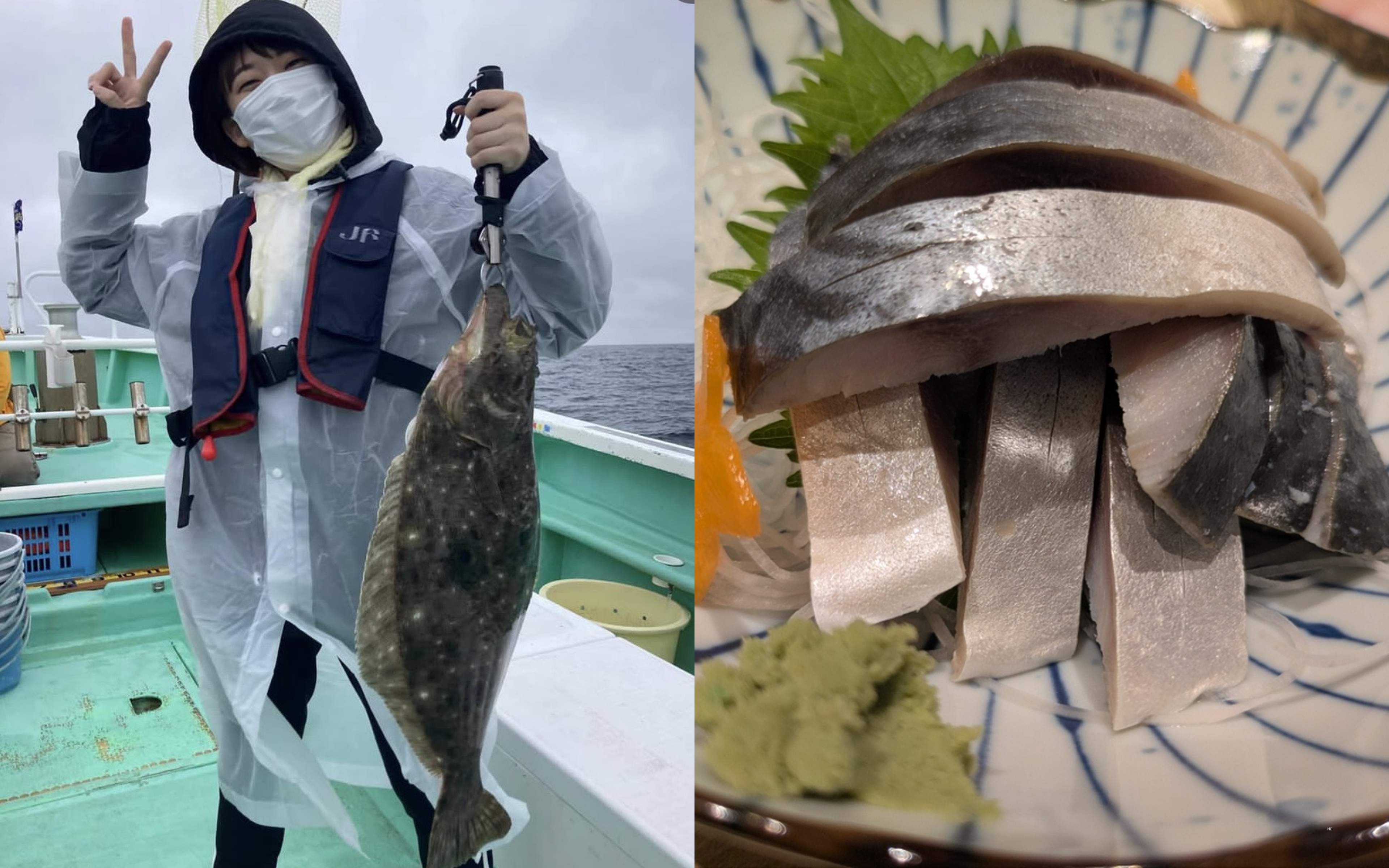 A woman lifting a large flounder aboard Choei-maru, an orange metal jig still hooked in its mouth, with a bucket marked 'Choei-maru' visible at her feet.