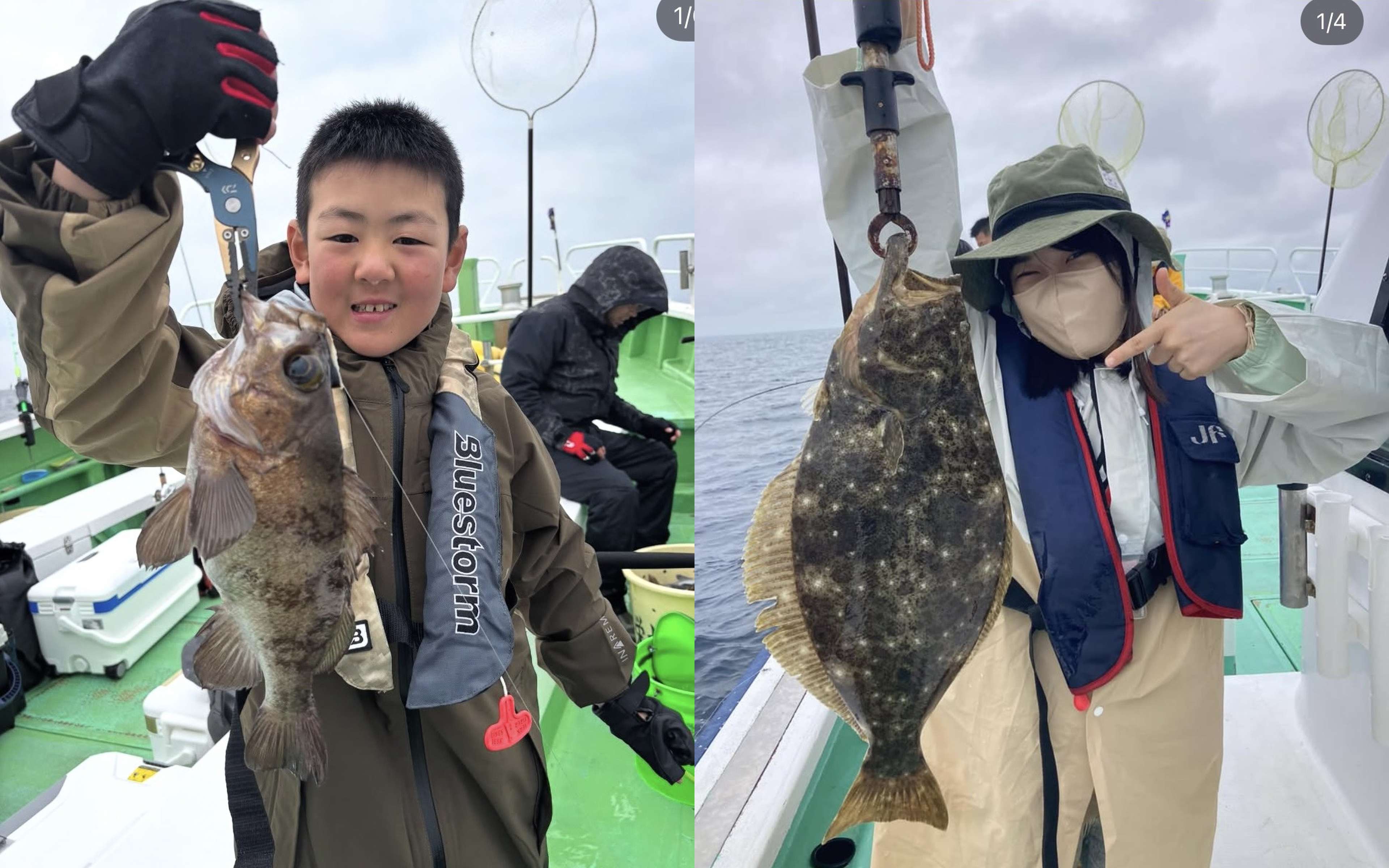 A boy carefully backing an olive-brown rockfish off the hook with pliers, a landing net standing by.