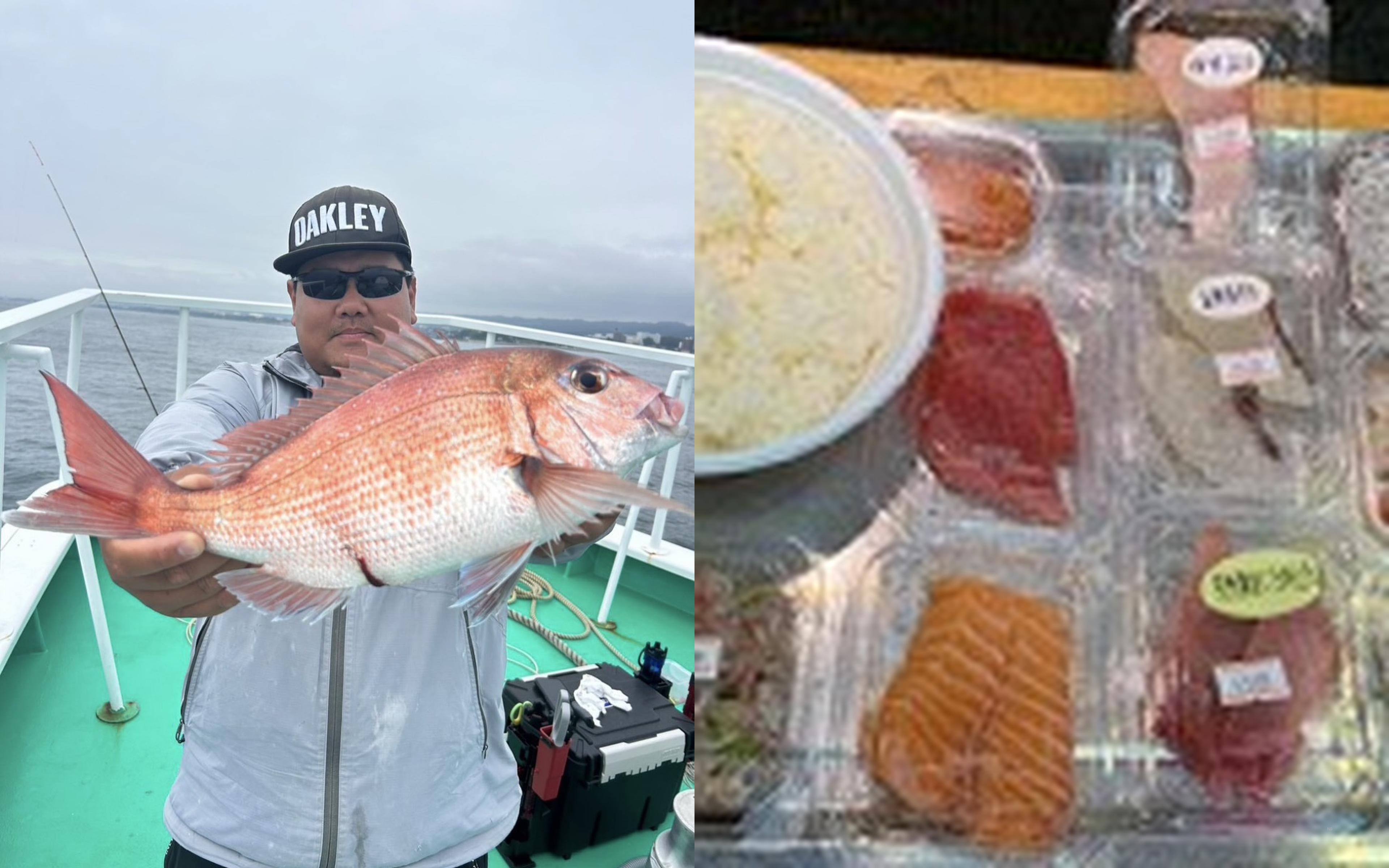 A red sea bream landed off Kuji and the seafood waiting back on shore.