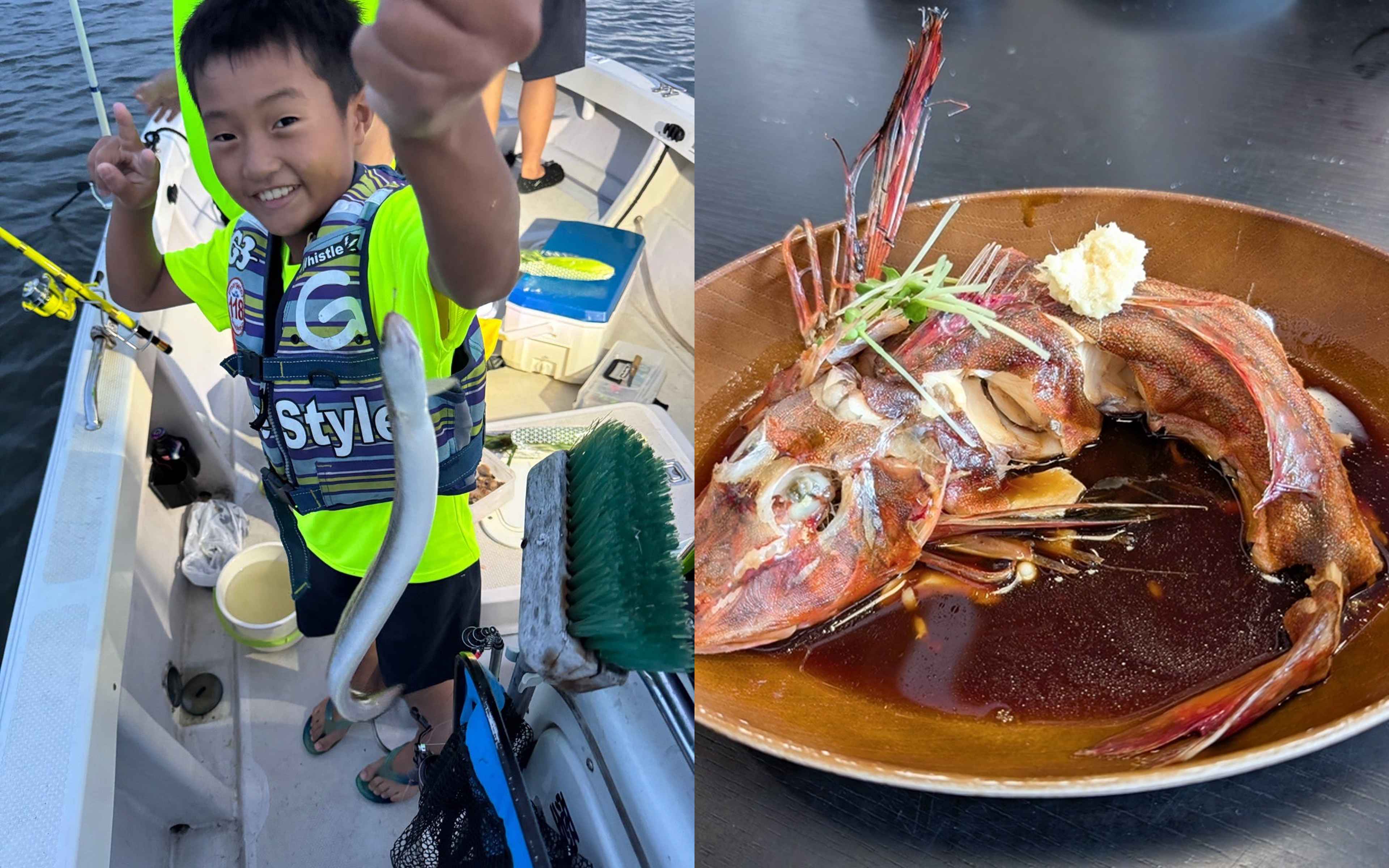 A child holding up a long, slender fish next to a simmered whole-fish dish