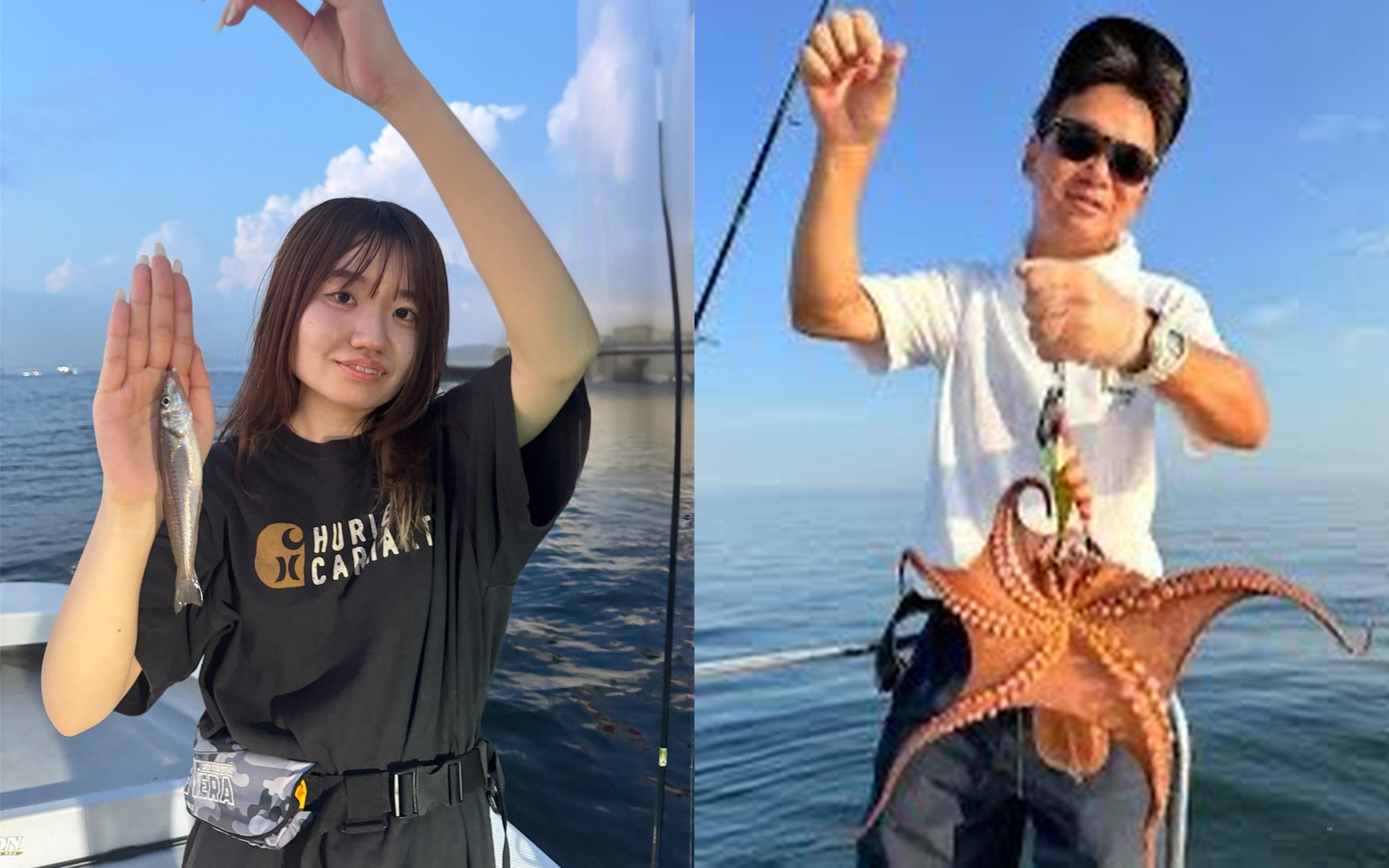 A woman holding small fish beside an angler raising an octopus aboard a private charter