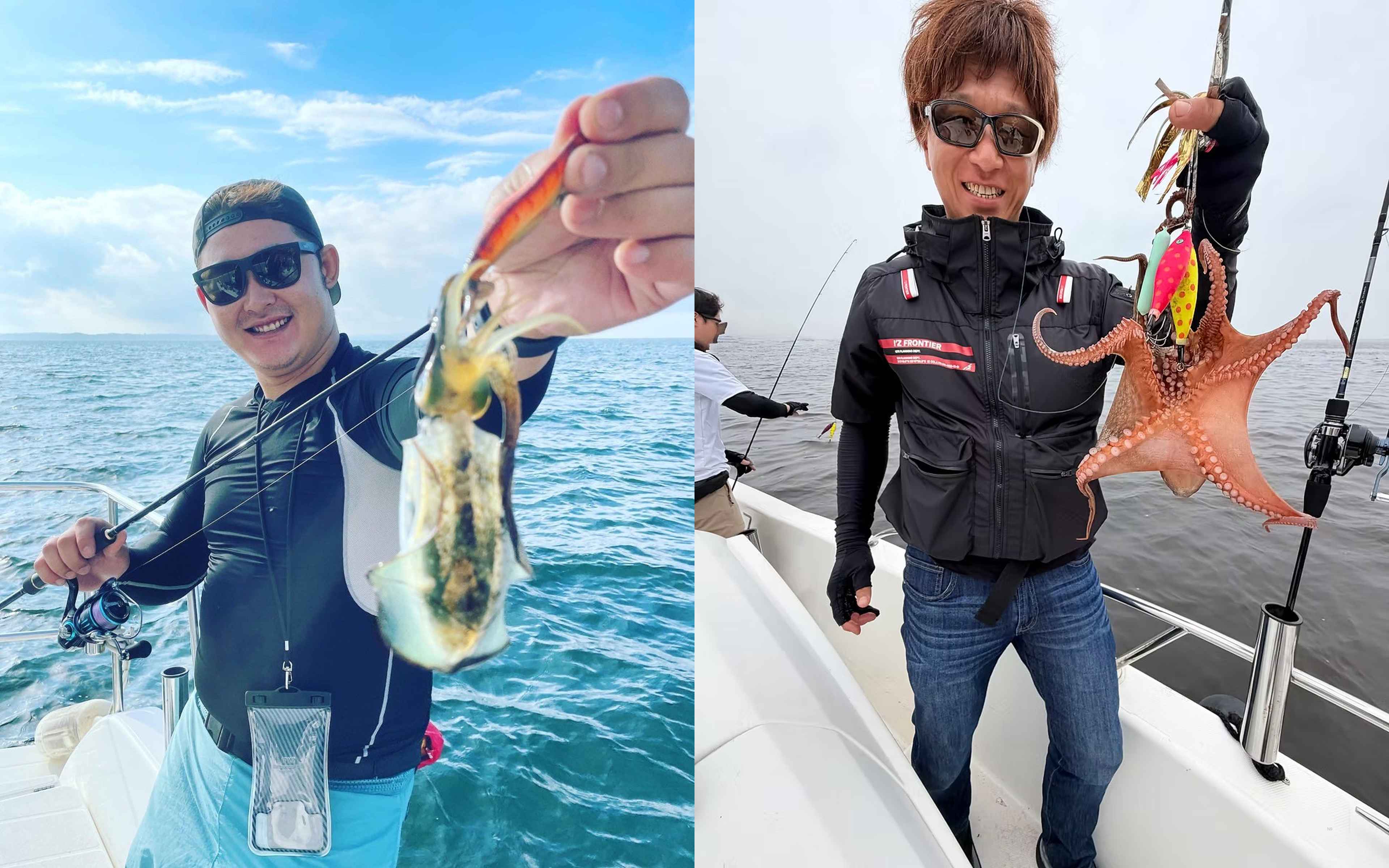 An angler holding up squid and octopus on the deck of a private charter