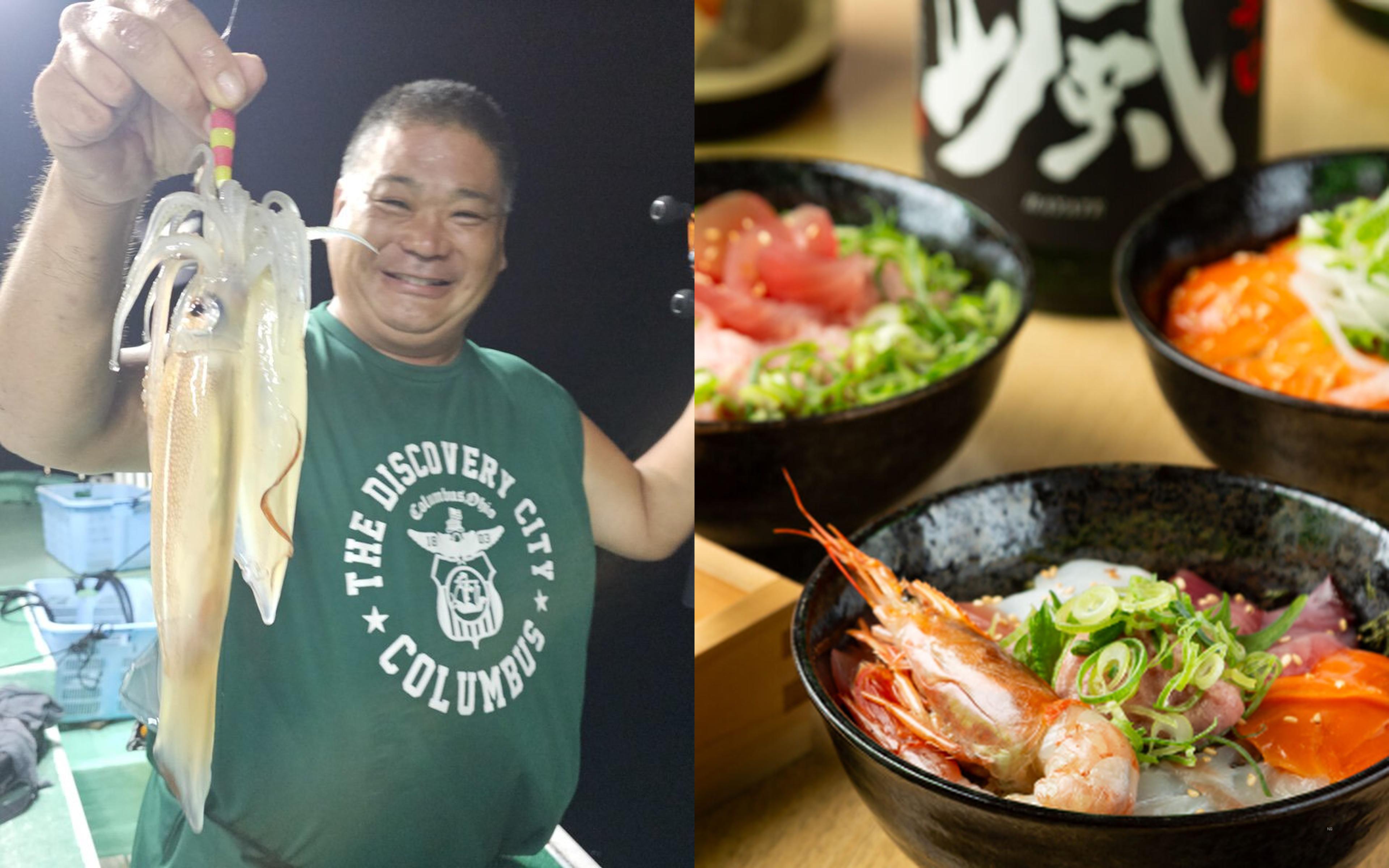 An angler holding up squid caught at night under fishing lights, beside a seafood rice bowl