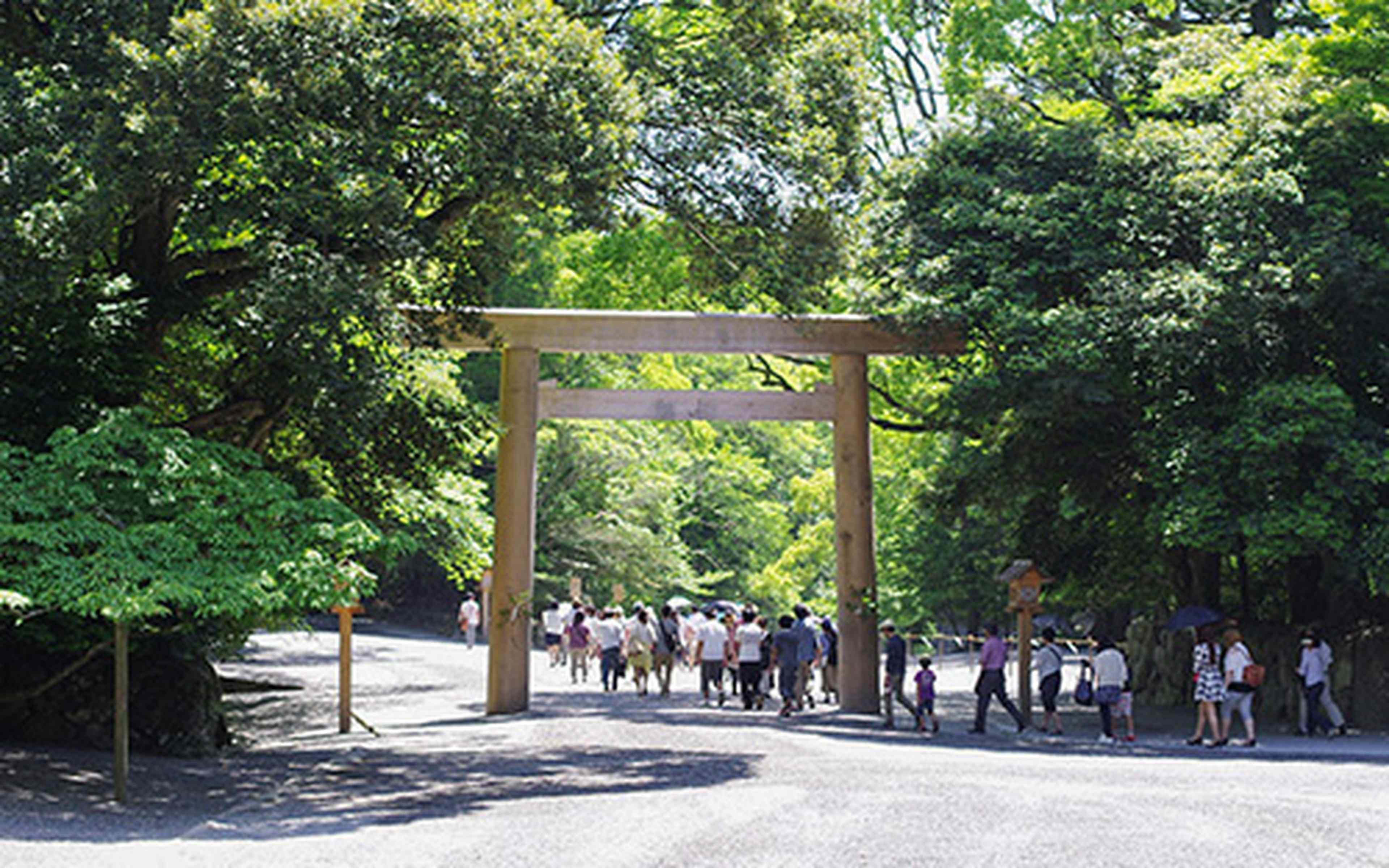 Visitors walking through a torii gate approach at a shrine in Mie Prefecture