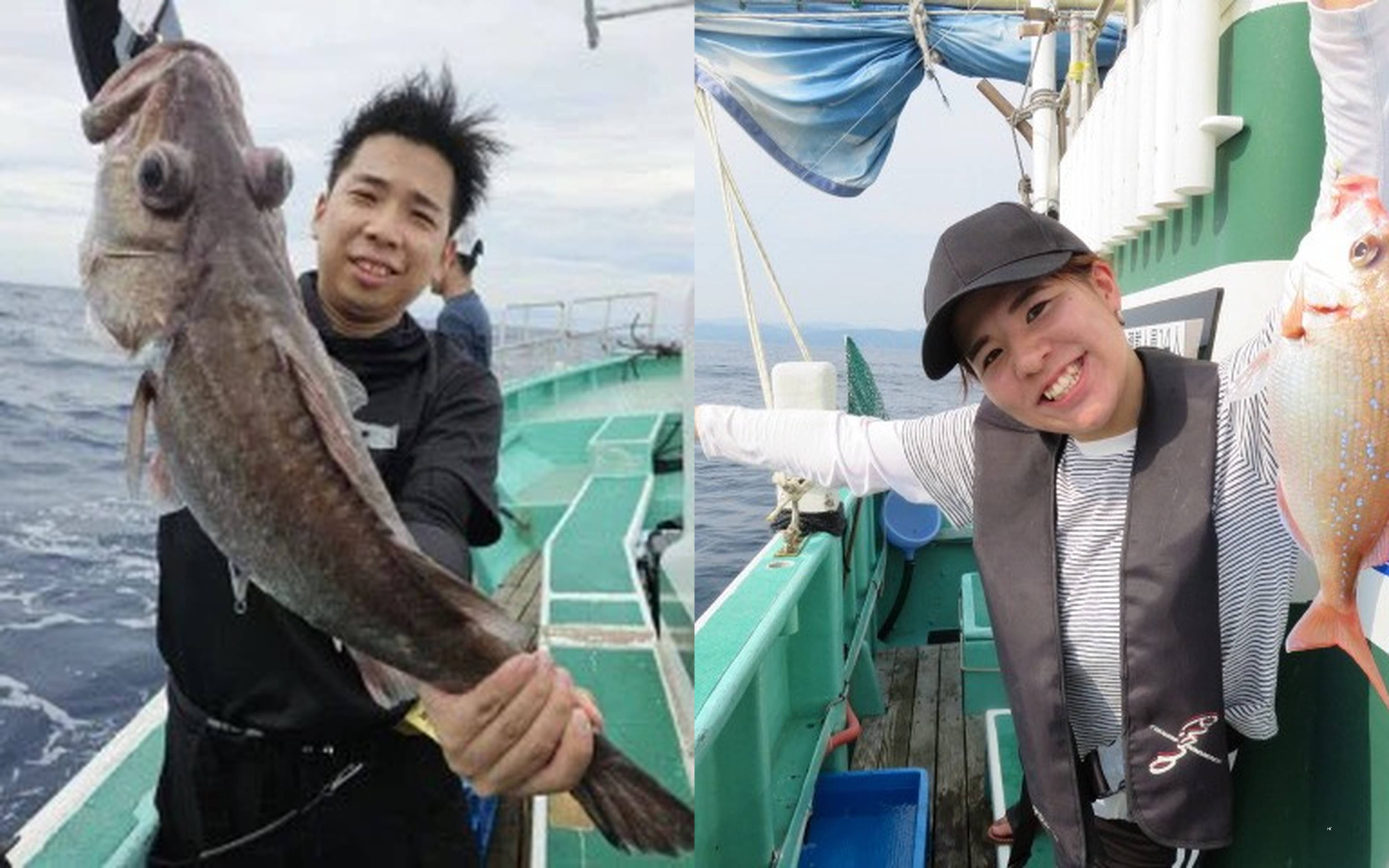 A man holding a large rockfish beside a woman holding another catch on deck