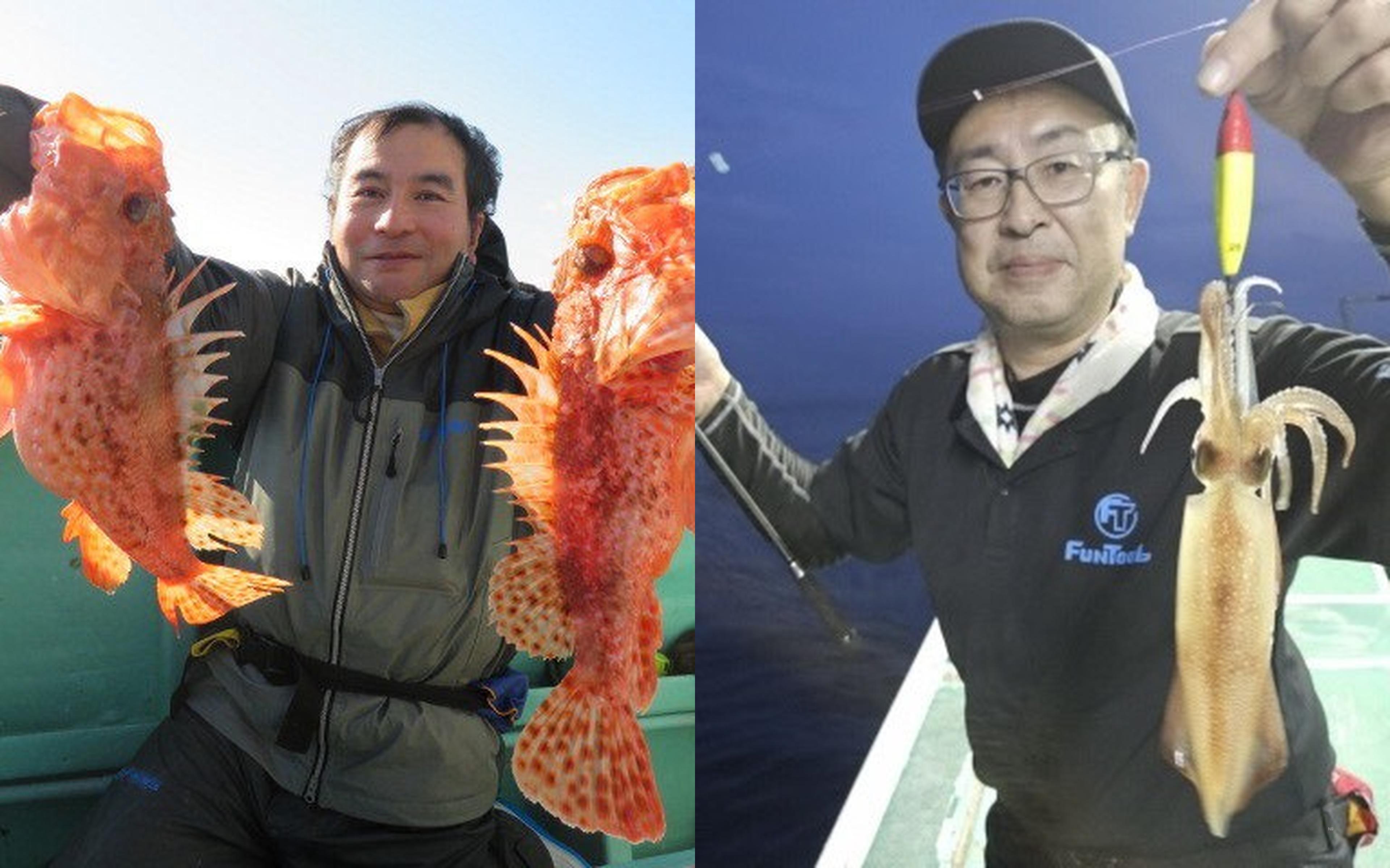 An angler holding two spiny red fish alongside a night catch of squid