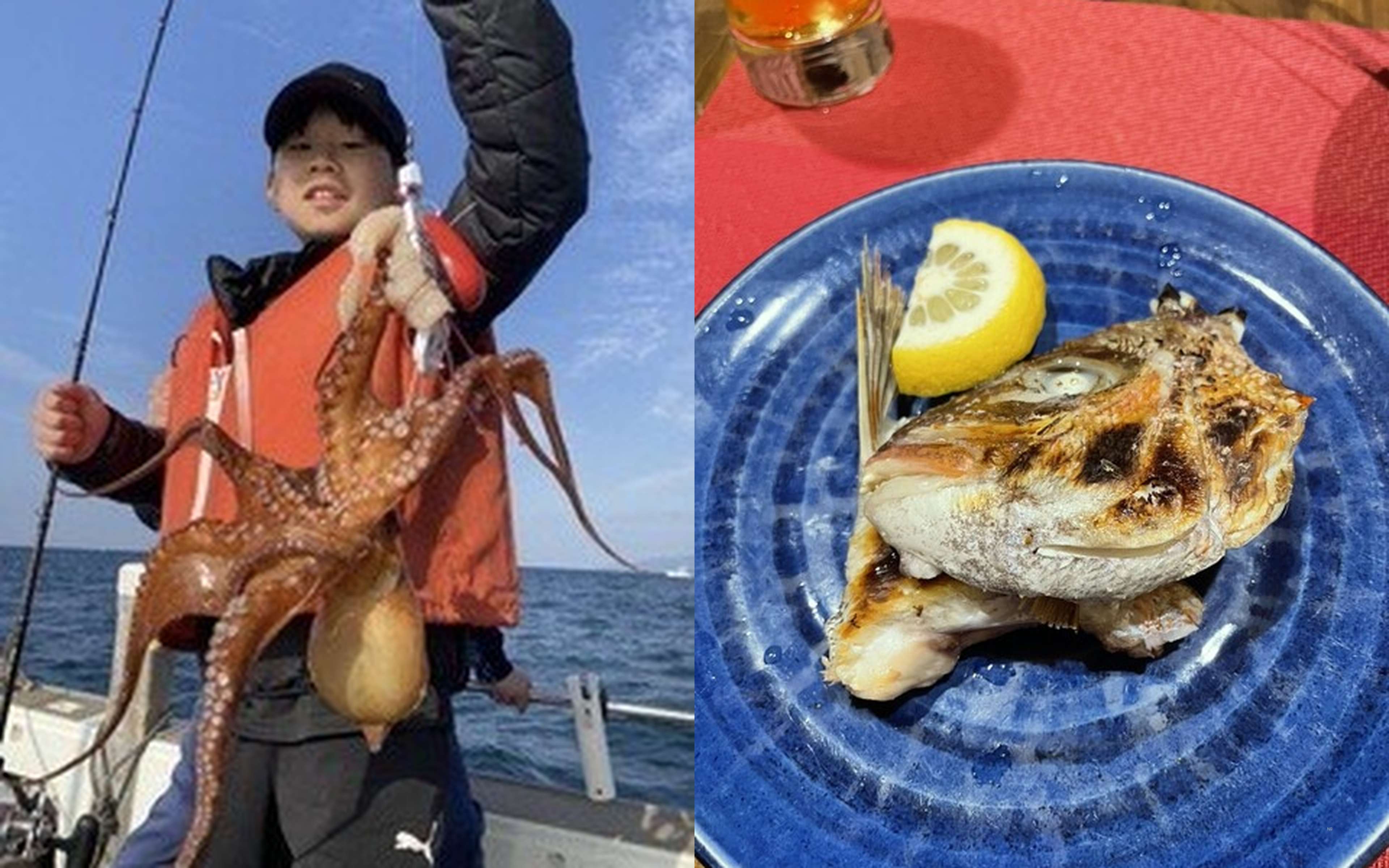 A boy in an orange life vest holding two octopuses (left), and a grilled fish head served with lemon (right)