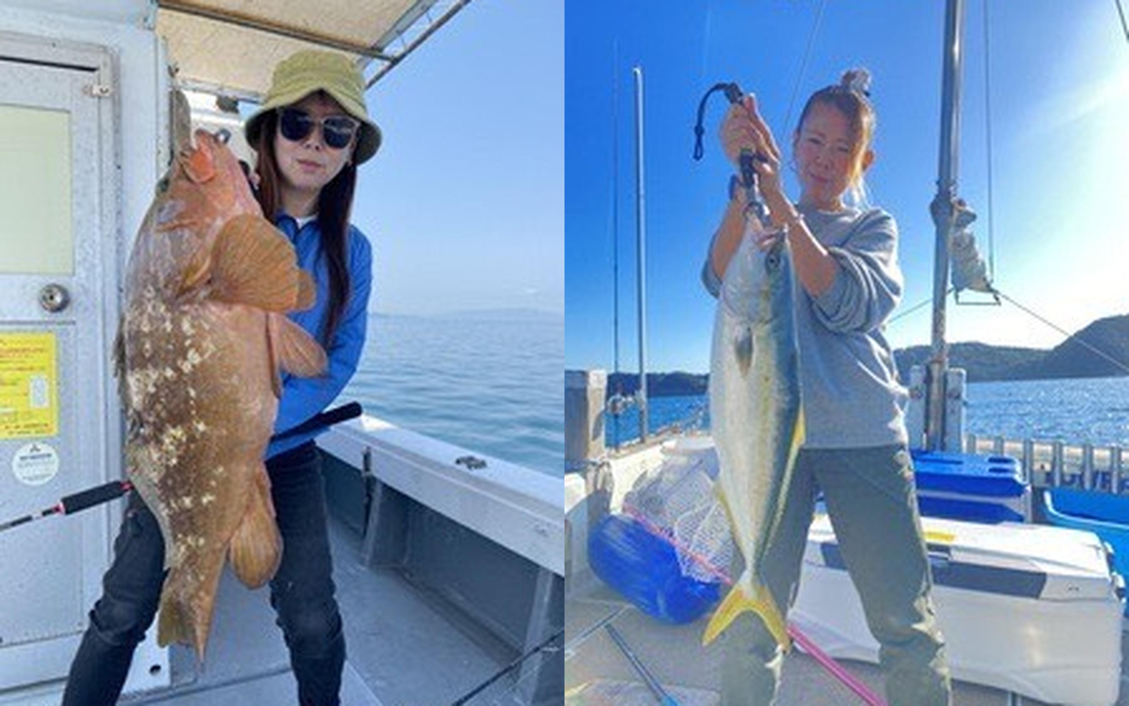 A woman holding a large kijihata grouper in both arms (left), and a woman holding a hamachi at the dock (right)