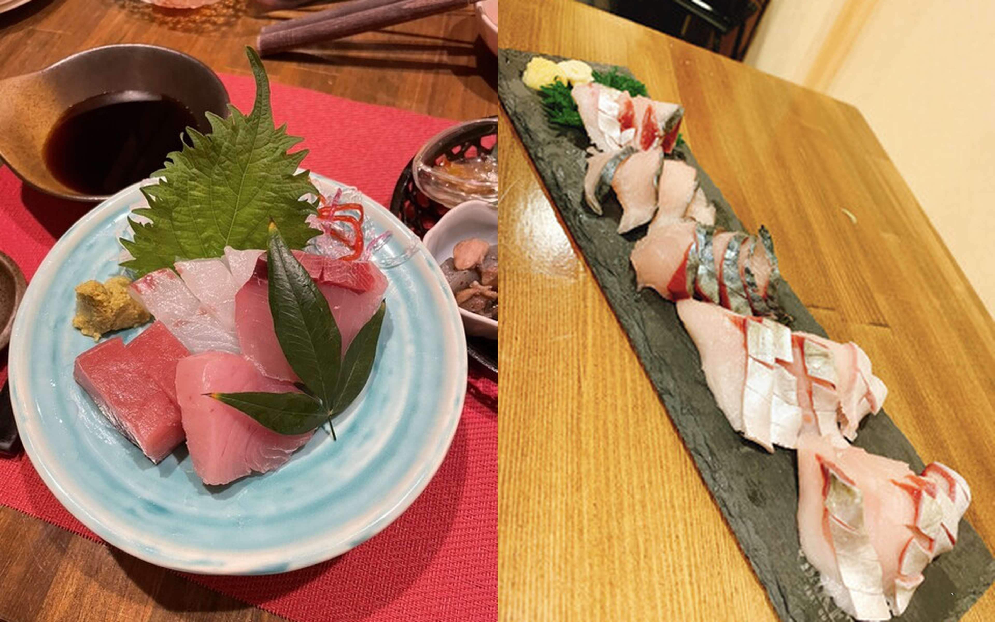 Sashimi arranged on a celadon plate (left), and thinly sliced white fish sashimi on a black stone plate (right)