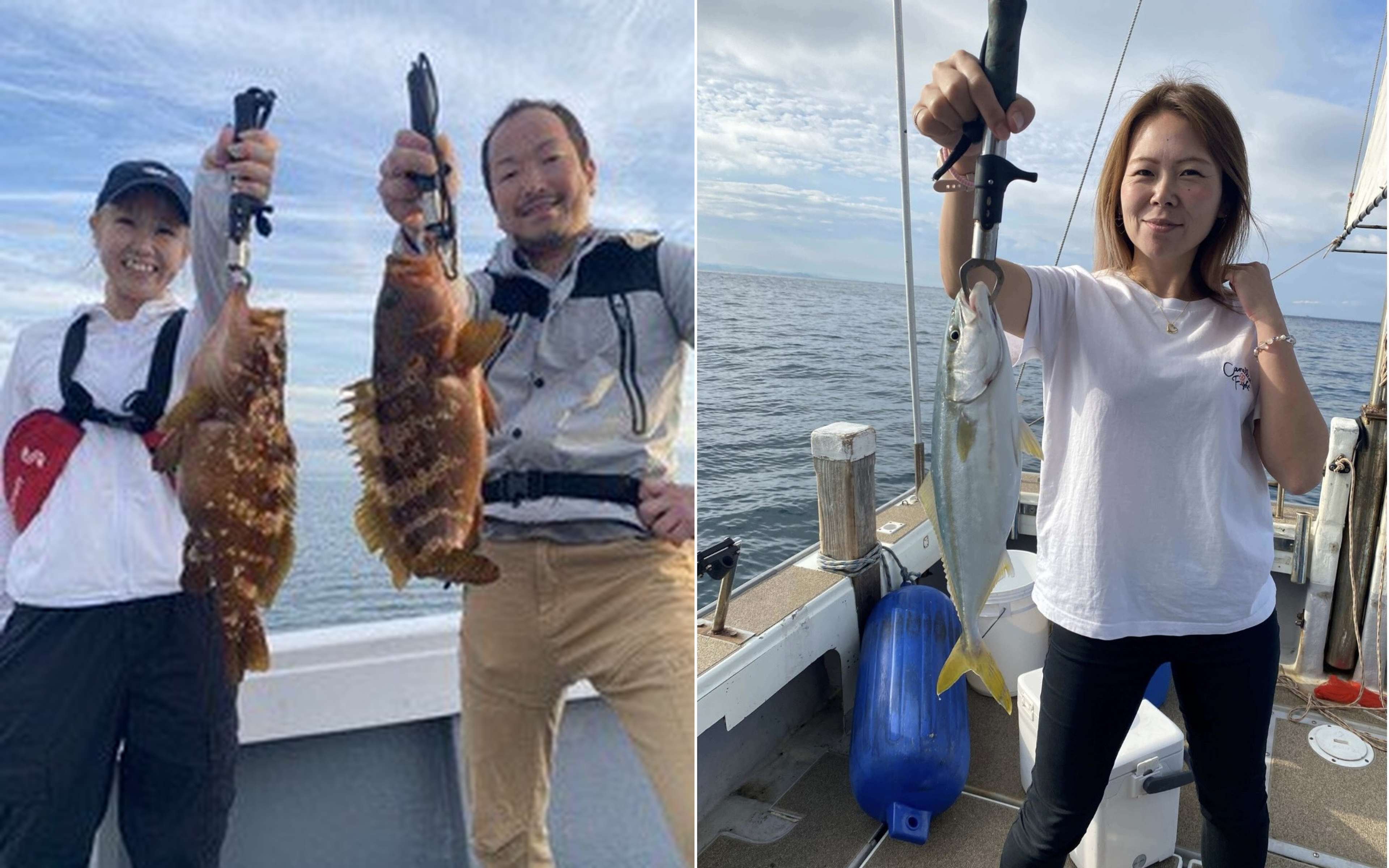 A man and a woman each holding a rockfish they caught (left), and a woman holding a smaller kingfish-class catch (right)