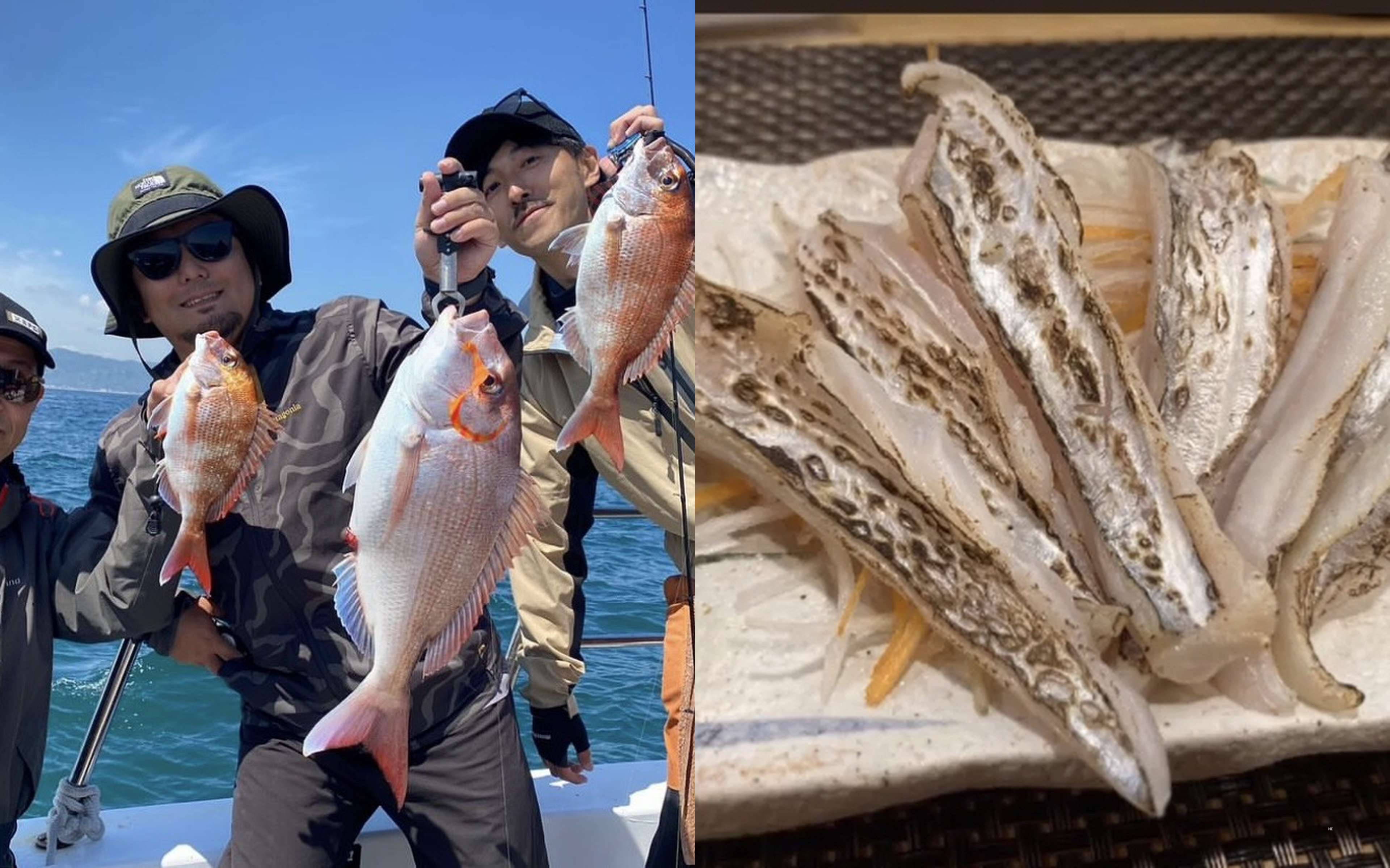 Three anglers on deck each holding up a madai (left), and thinly sliced white fish sashimi arranged on a white plate (right)