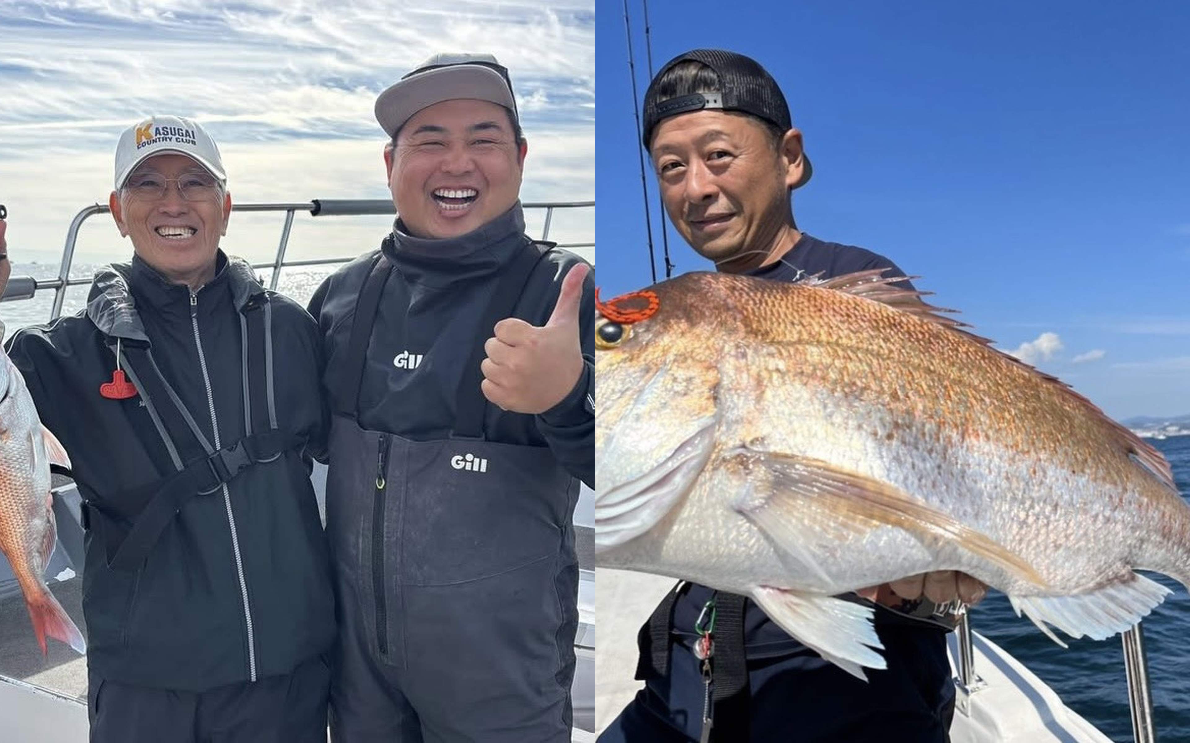 An elderly angler laughing with a crew member on deck (left), and a man holding an oversized madai with the tairaba lure still in its mouth (right)