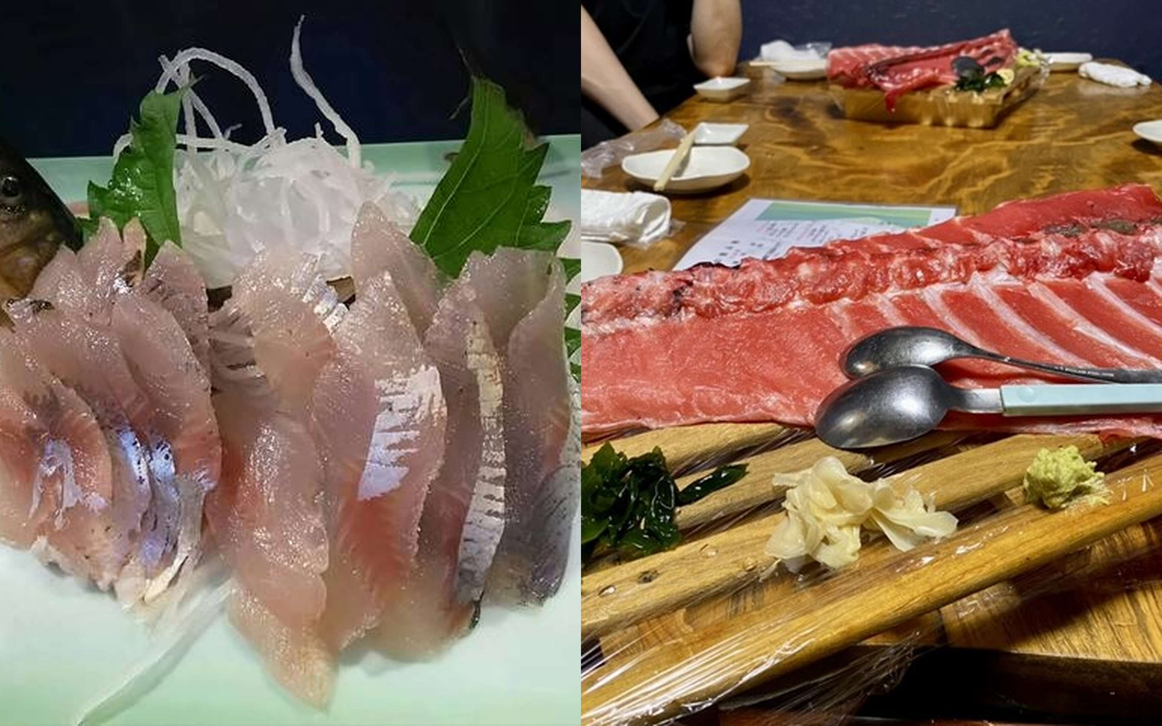 Sashimi arranged on a celadon plate (left), and fish fillets ready at the counter with wasabi and pickled ginger (right)