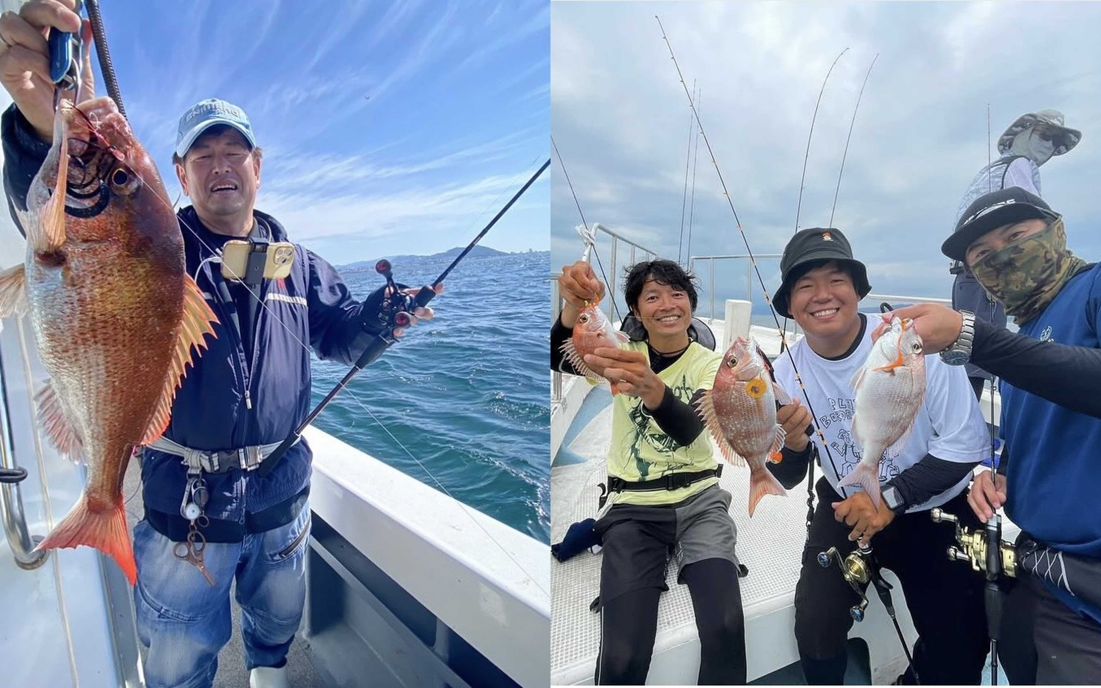 An angler holding baitcasting tackle and a madai (left), and three anglers on an overcast deck each holding a smaller madai (right)