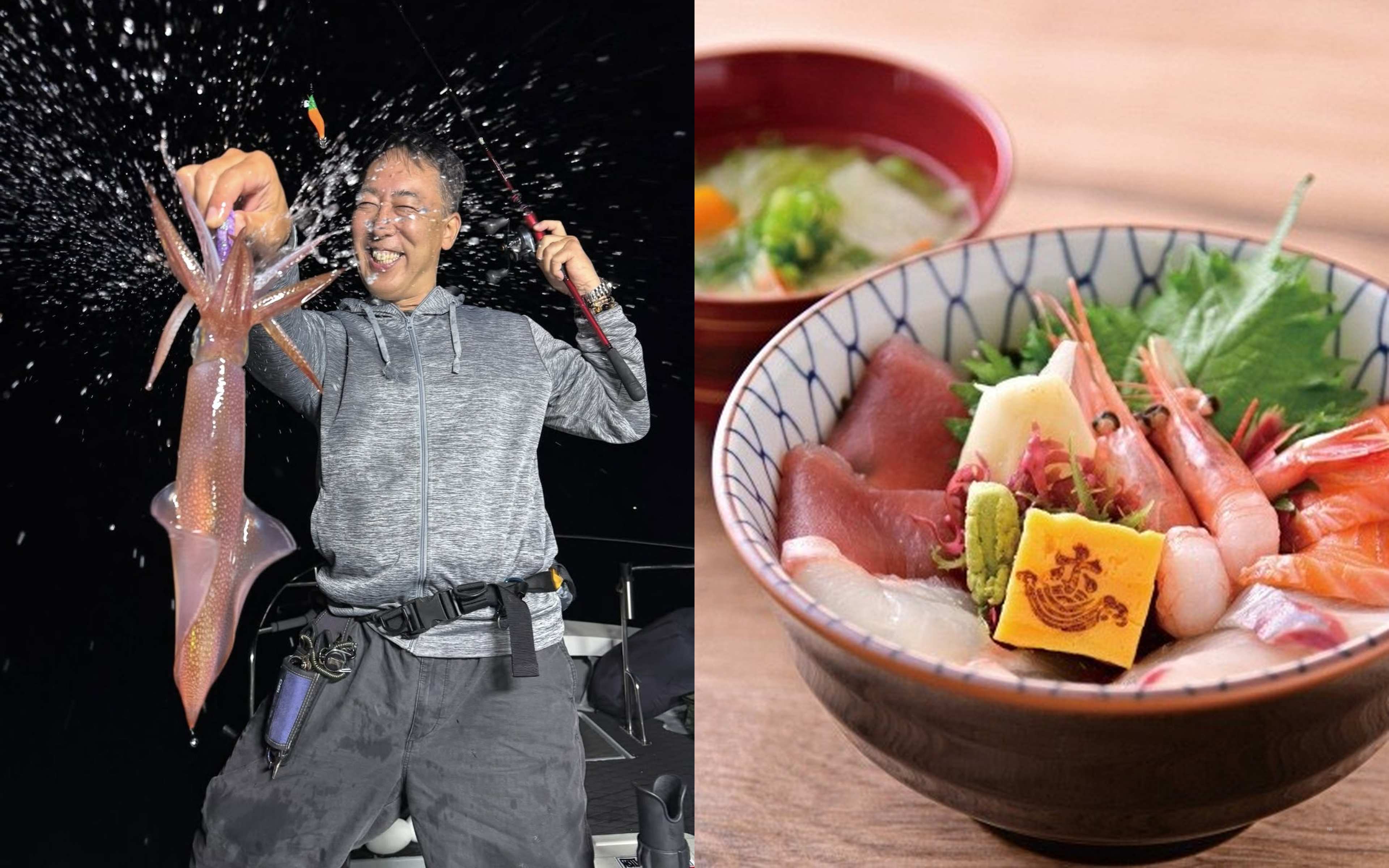 A woman holding up a madai on deck in the evening light (left), and sashimi arranged on a white angular plate (right)