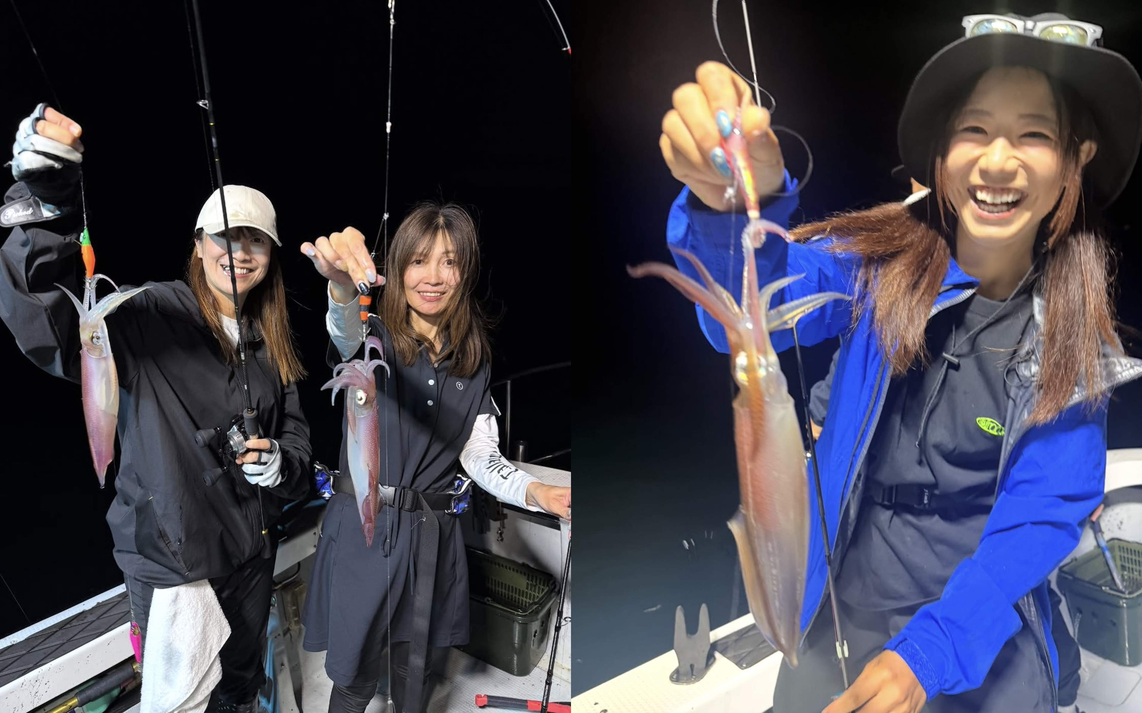 Two children in life vests with a rockfish (left), and a man holding up a madai on deck (right)