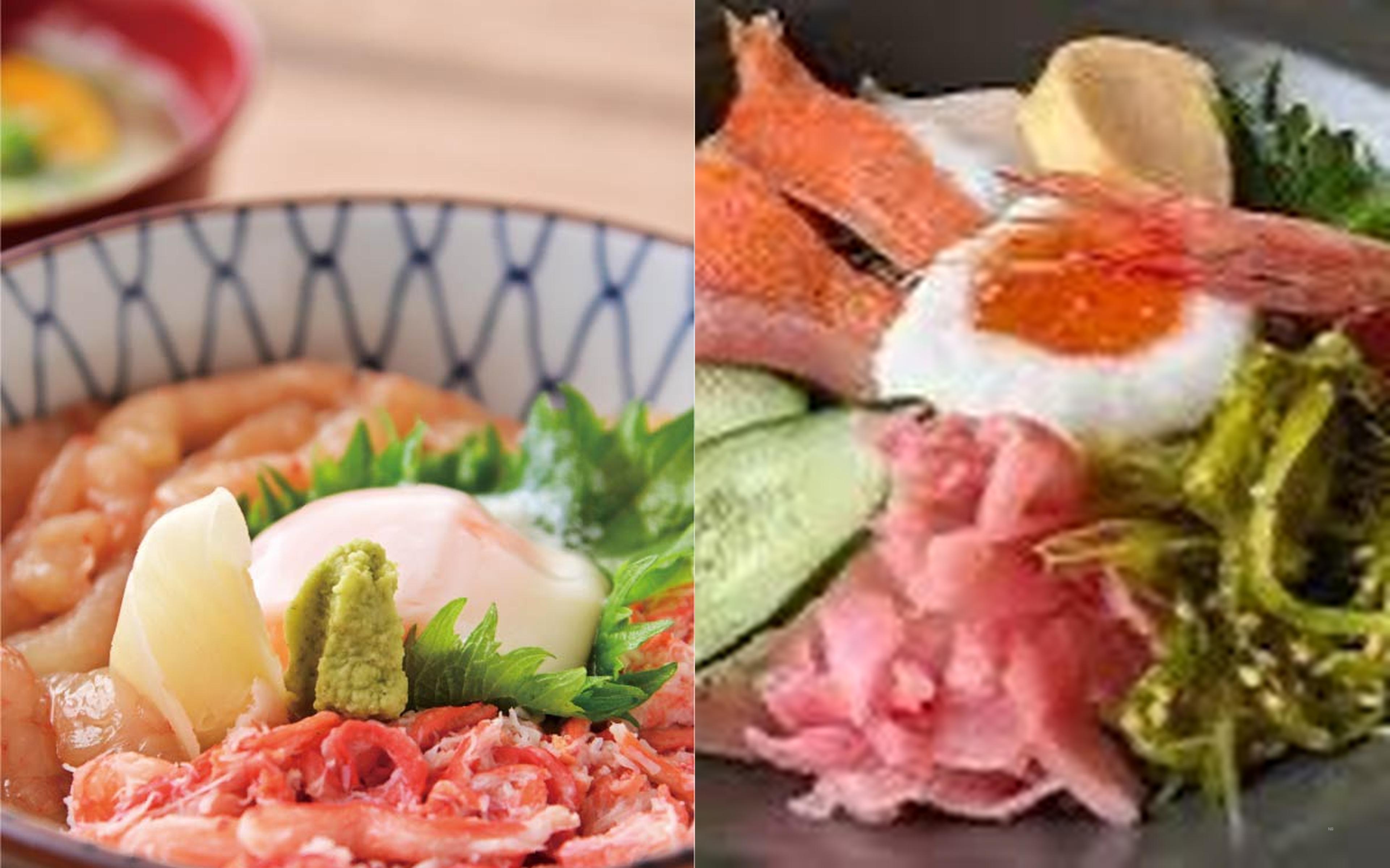 A hot pot of kue ingredients arranged on a plate (left), and a dish of lightly seared white fish and grilled fillets garnished with sudachi citrus (right)