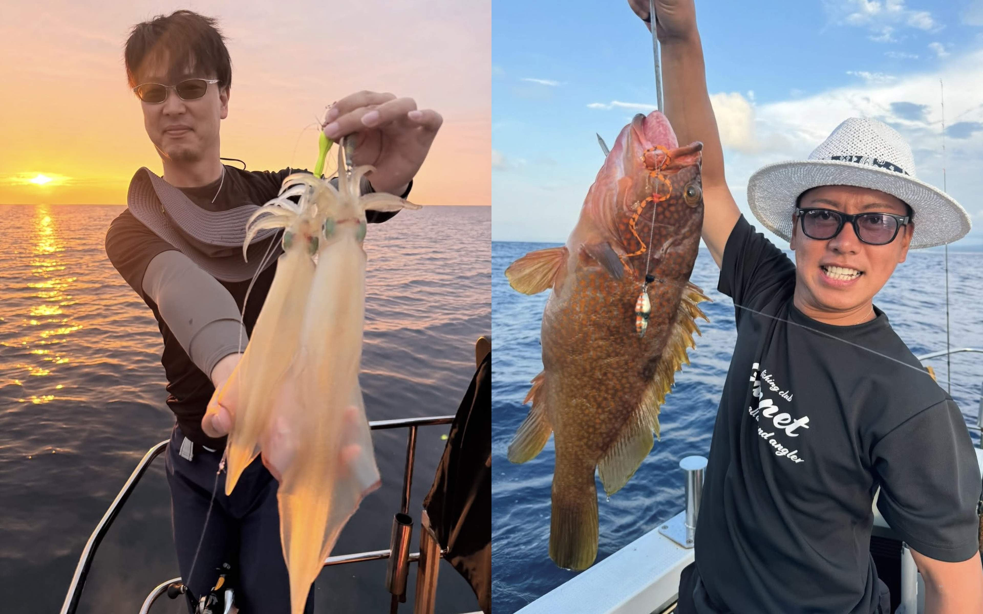 An amberjack-class fish large enough to need both arms to hold (left), and a vividly yellow-striped itoyori against a rocky headland (right)
