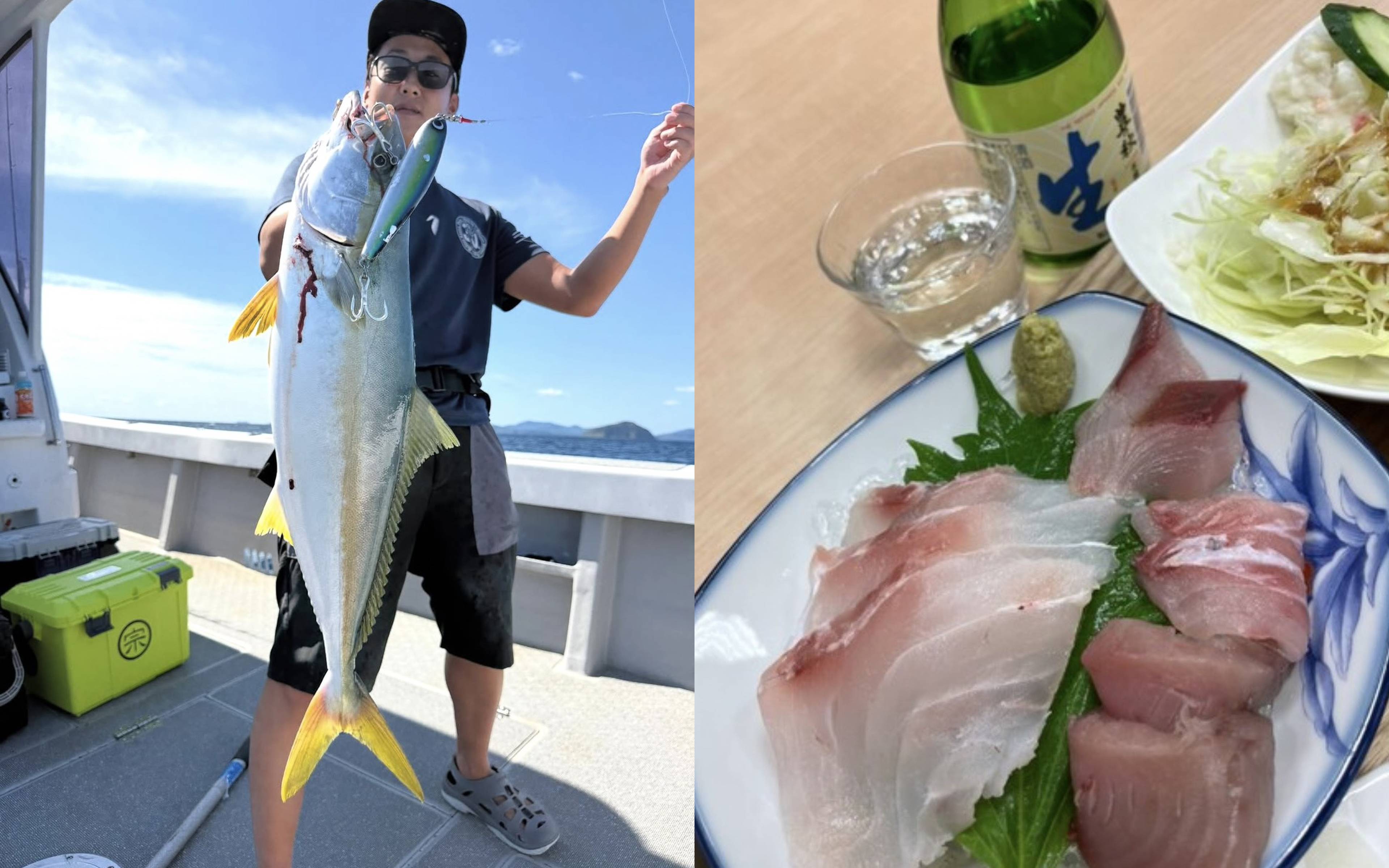 A man holding a hiramasa (yellowtail amberjack) in a downpour (left), and a sashimi set meal (right)