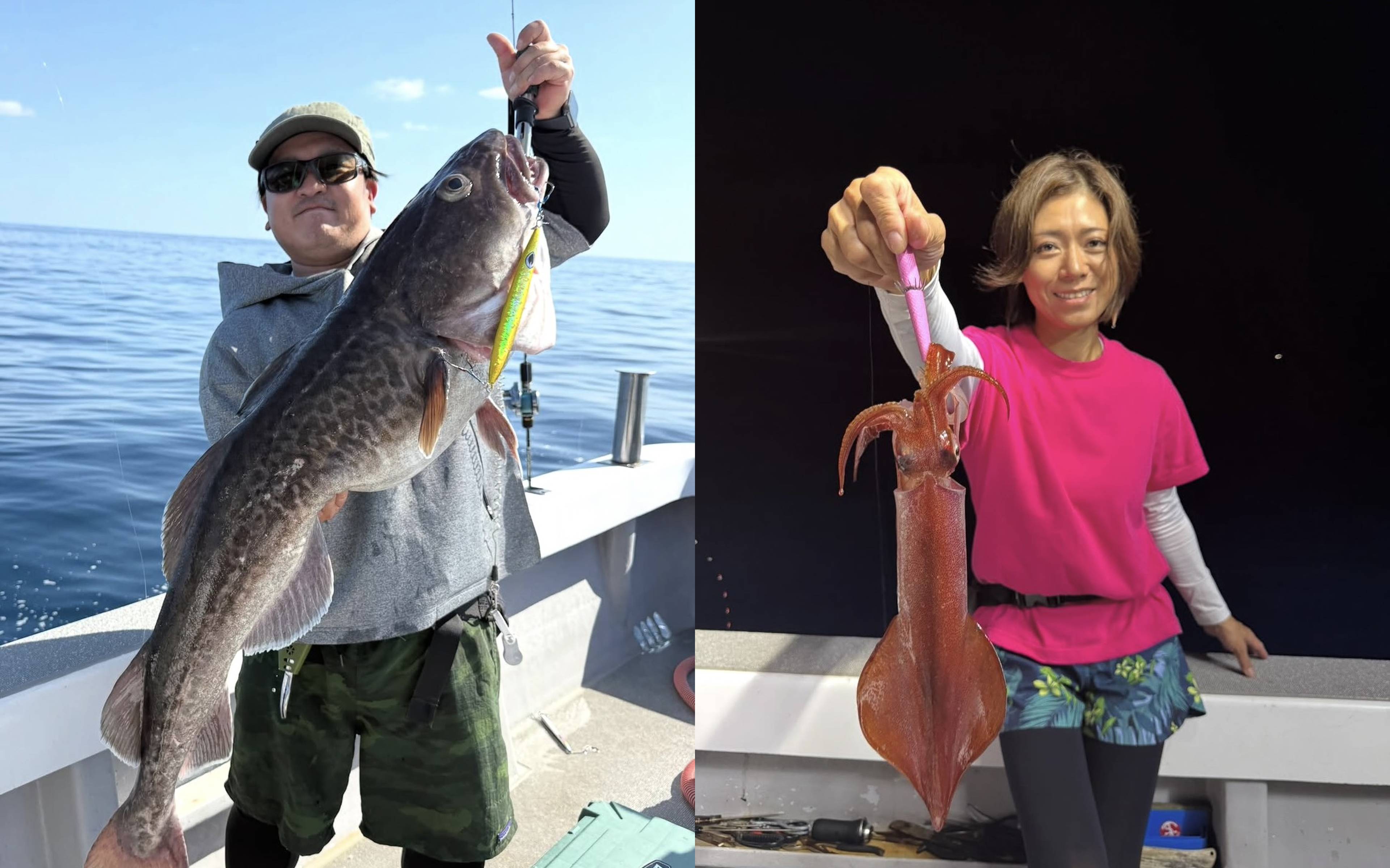 A yellowtail amberjack caught on a green jig (left), and an angler laughing while holding a large mahi-mahi (right)