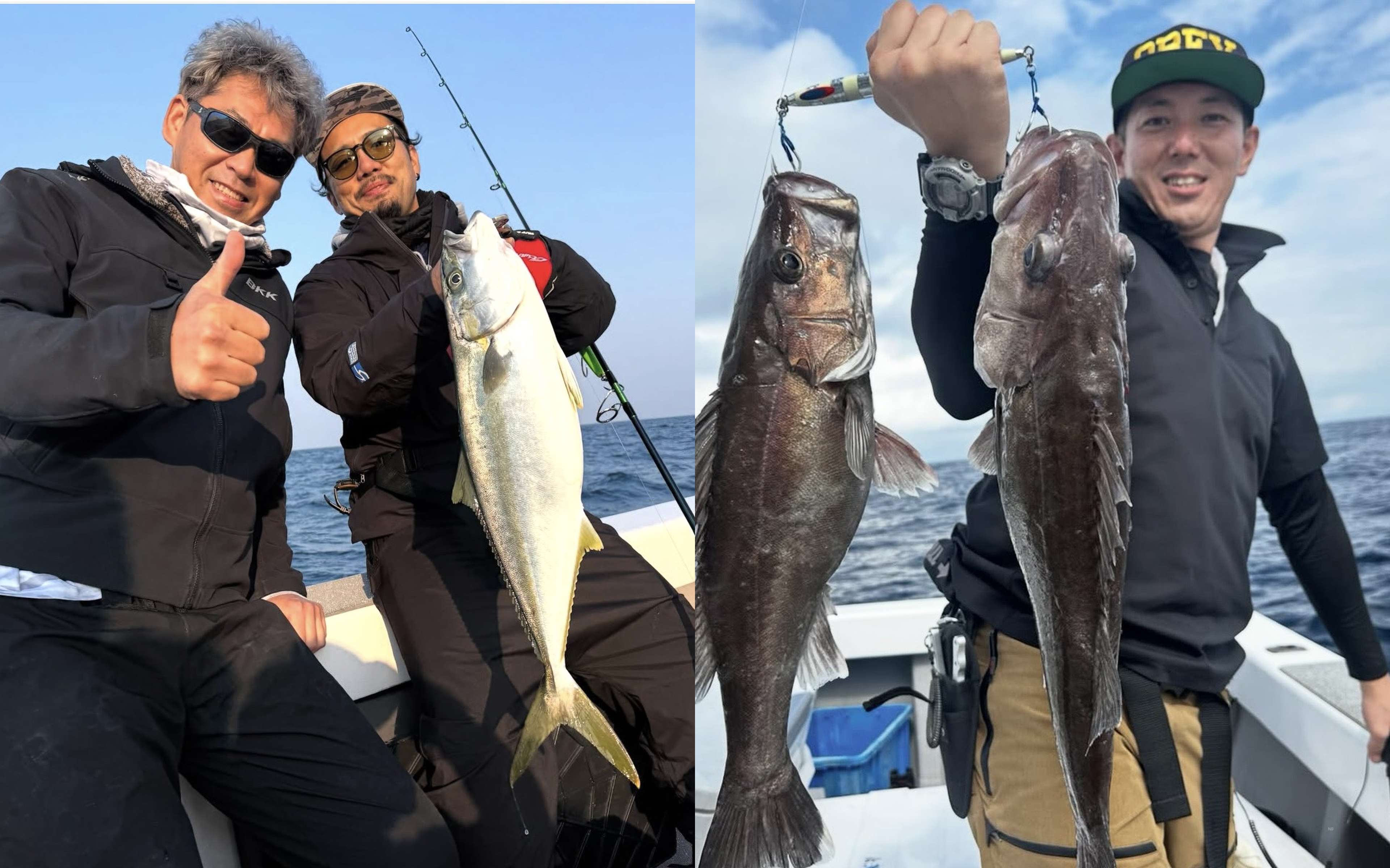 An angler holding a large amberjack on a clear day (left), and another holding up a squid at night (right)