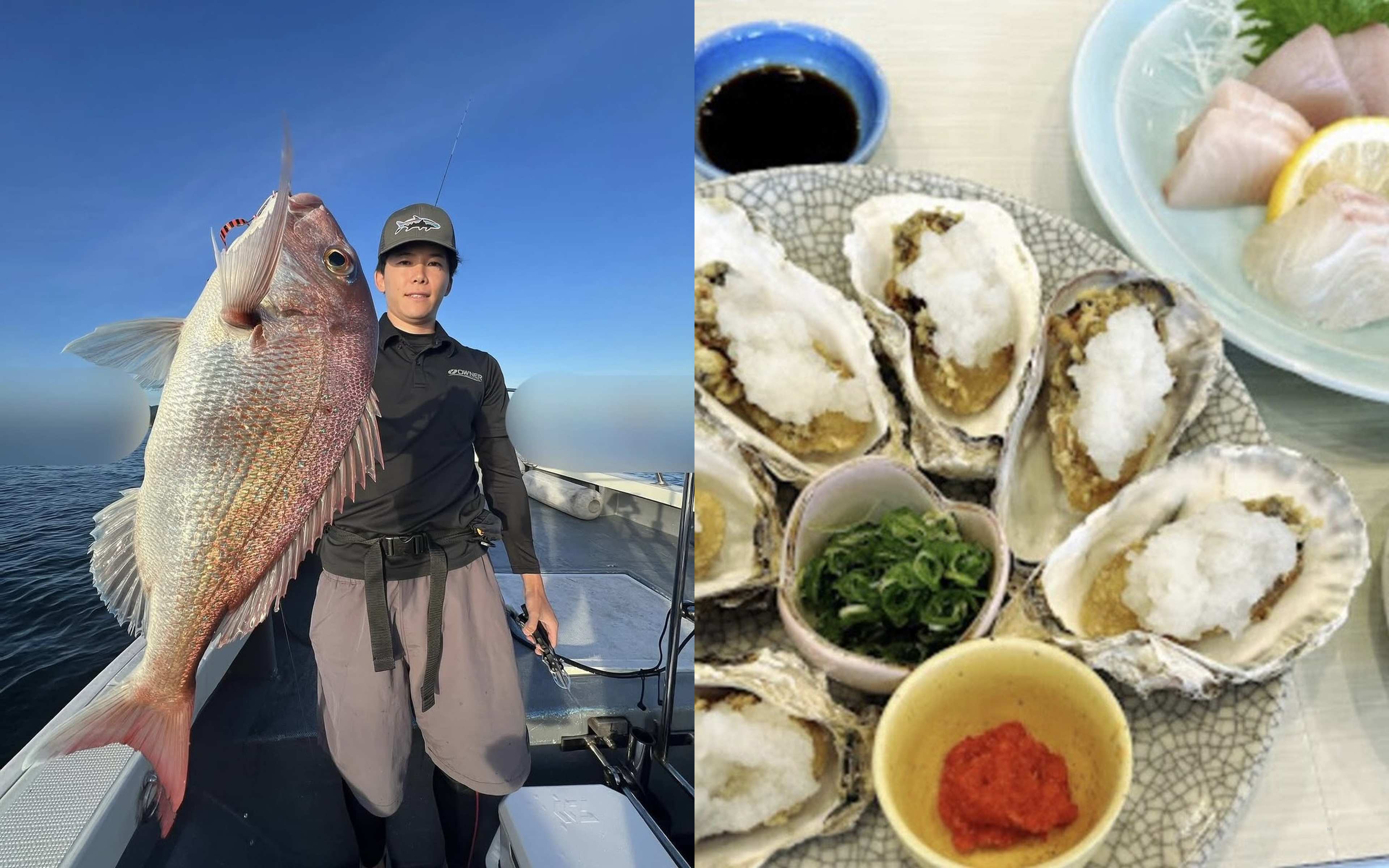 An angler holding a large red sea bream on a fish grip, and an assortment of sushi
