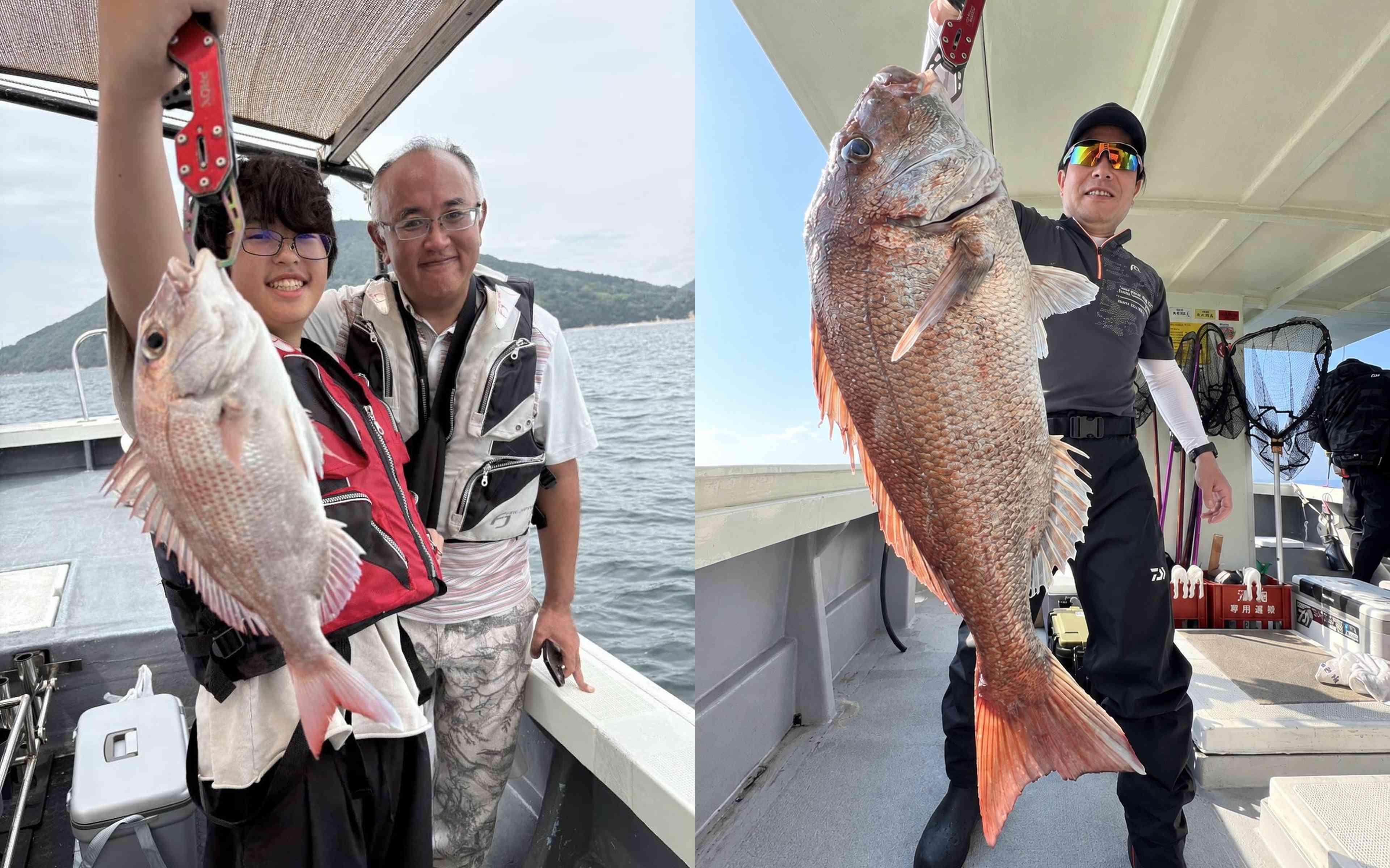 An angler lifting a large red sea bream on an overcast deck, and another holding one under a clear sky